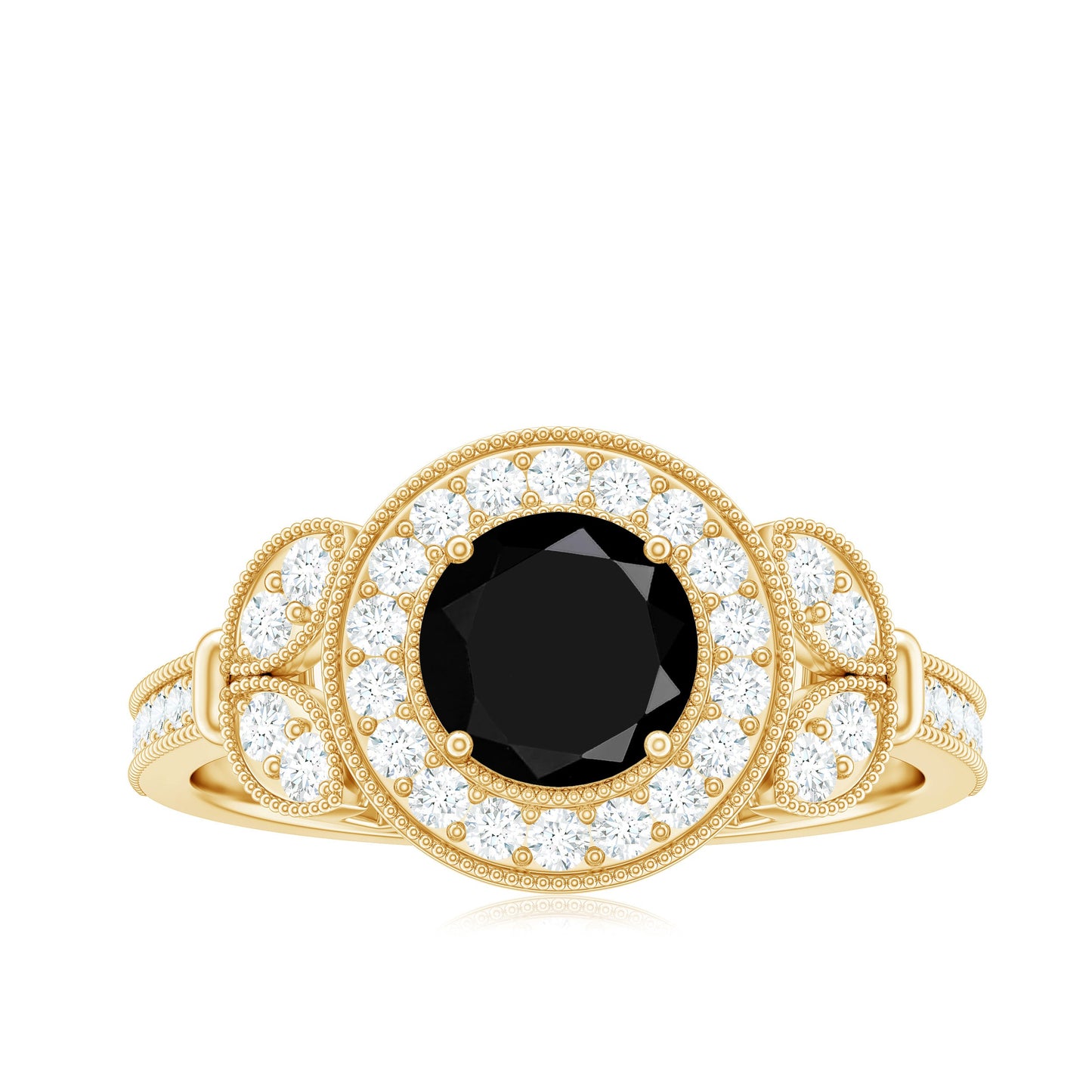 8mm Round Black Onyx Vintage Engagement Ring with Diamond Halo