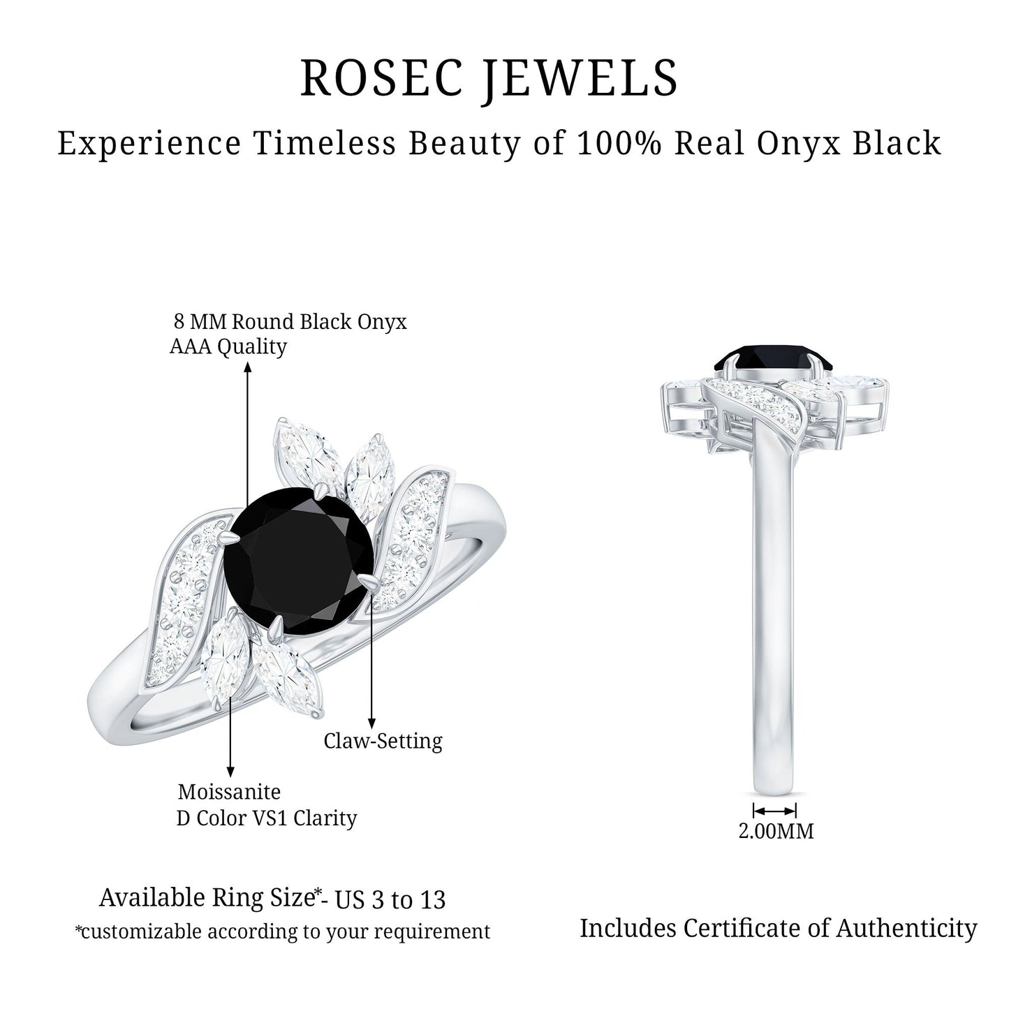 Genuine 8mm Round Black Onyx Floral Engagement Ring with Certificate