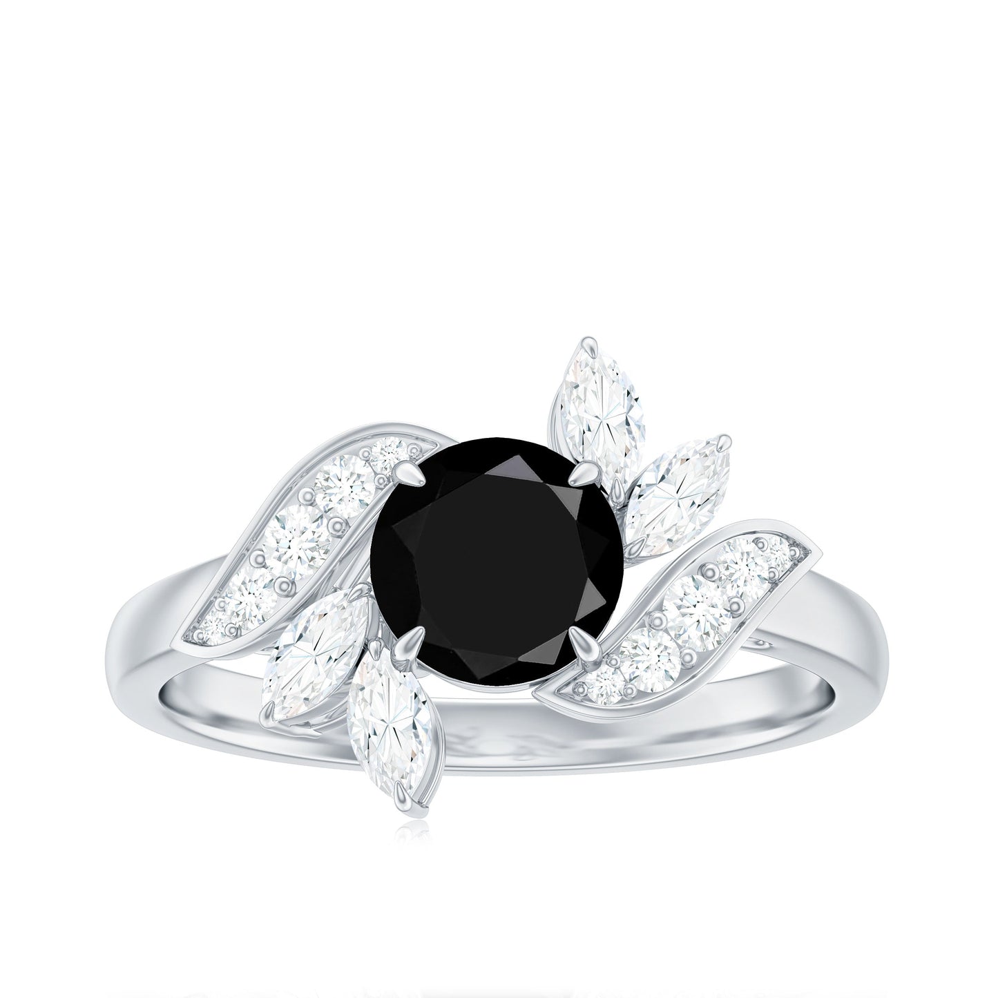 Genuine 8mm Round Black Onyx Floral Engagement Ring with Certificate