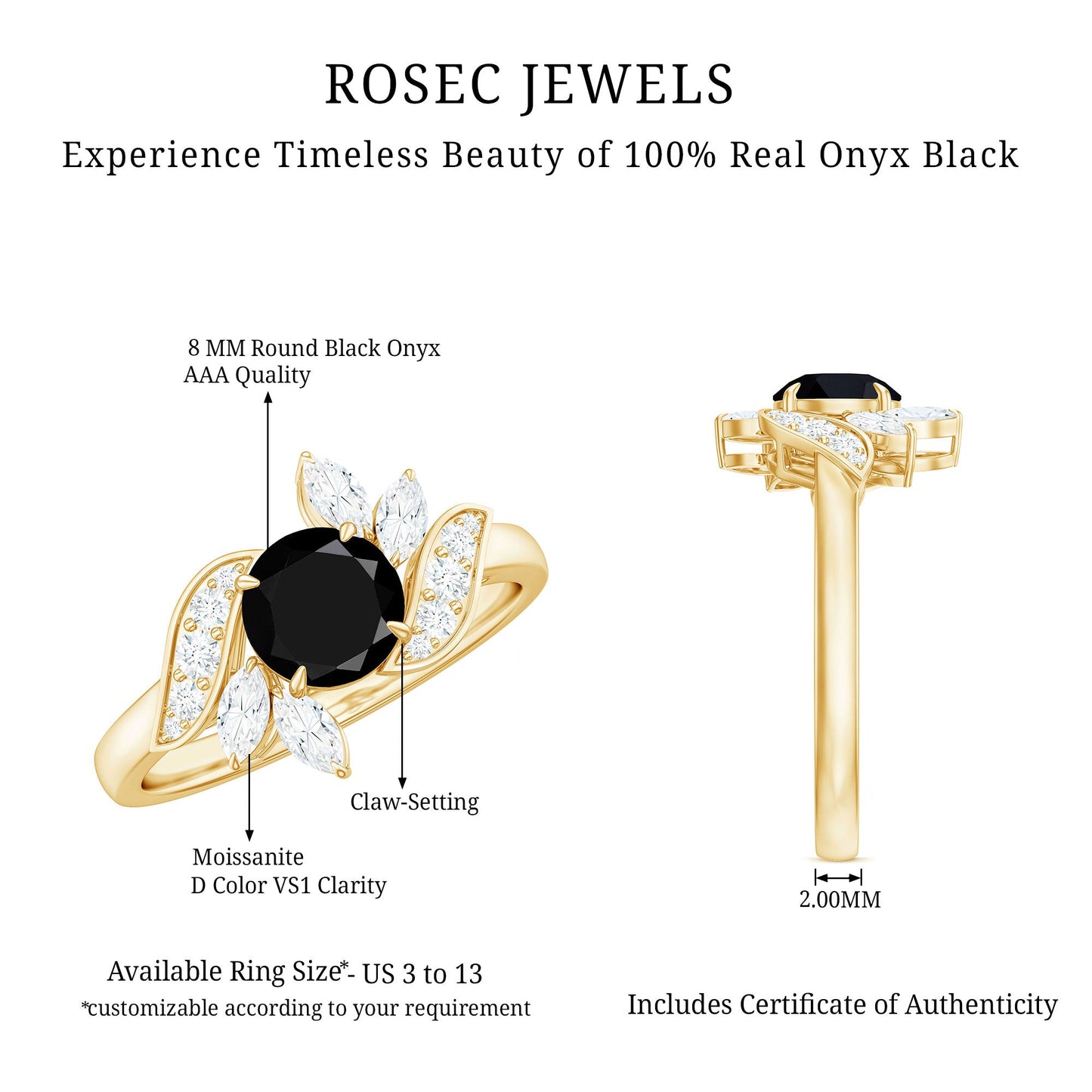 Genuine 8mm Round Black Onyx Floral Engagement Ring with Certificate