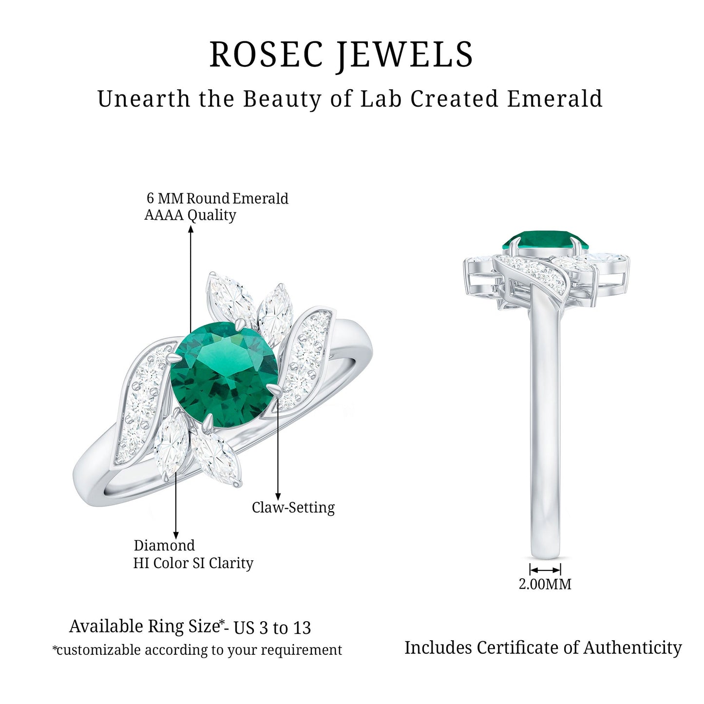 Nature Inspired Lab Grown Emerald Engagement Ring with Diamond