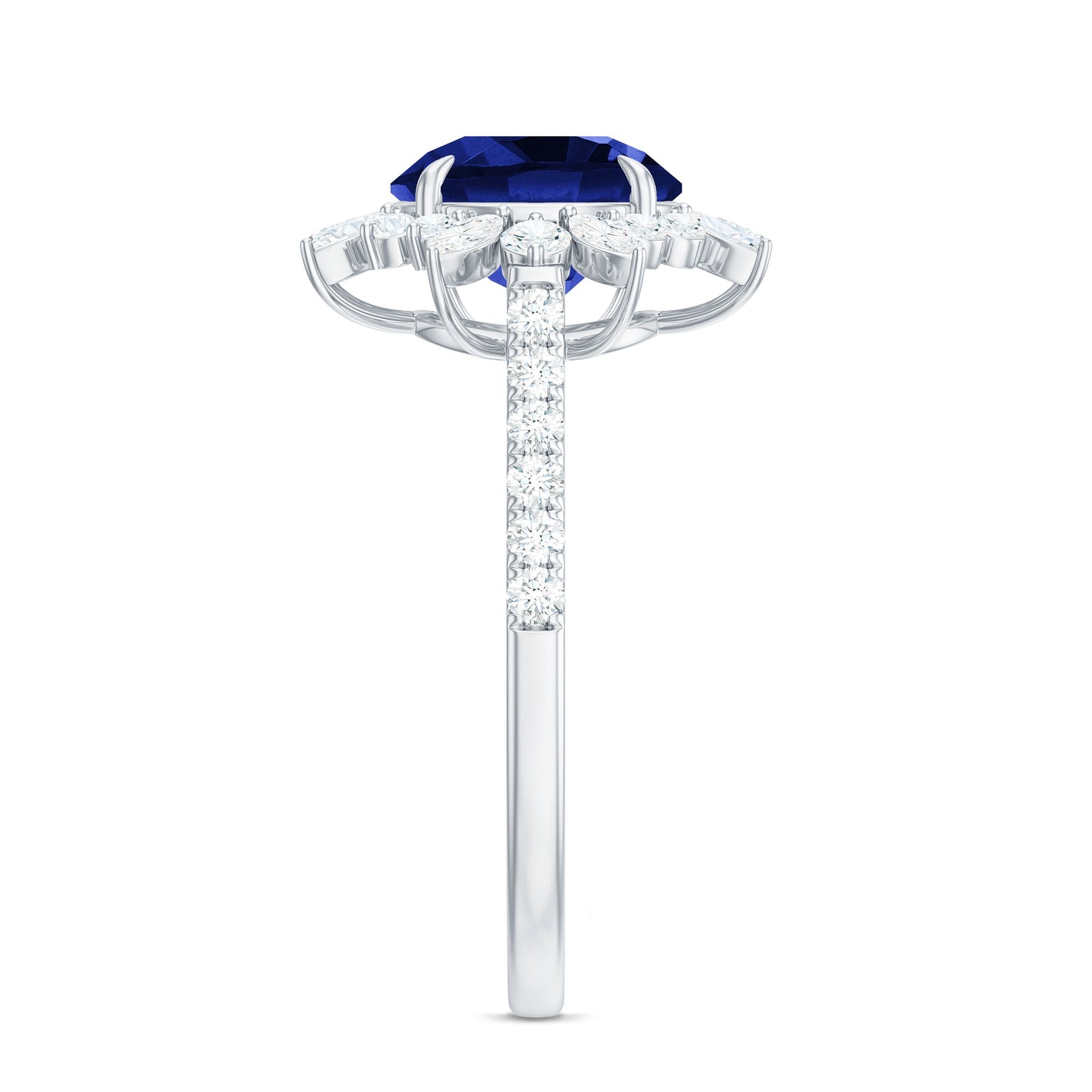 Certified 2.7 Carat Lab Grown Blue Sapphire Engagement Ring with Diamond Halo