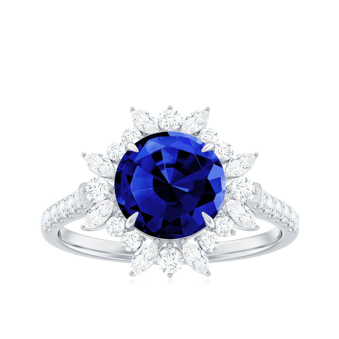Certified 2.7 Carat Lab Grown Blue Sapphire Engagement Ring with Diamond Halo