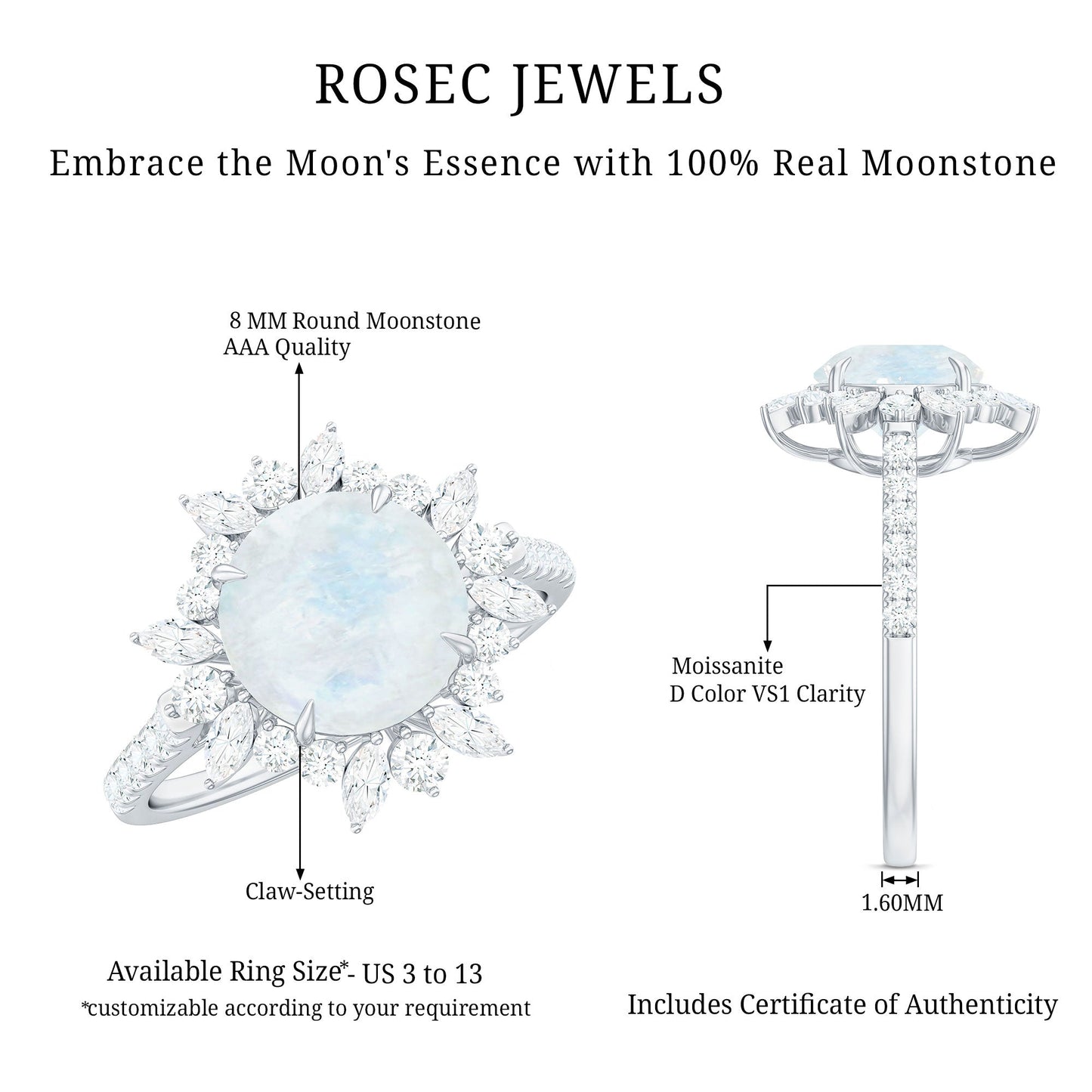 Round Moonstone Statement Ring with Moissanite Floral Halo