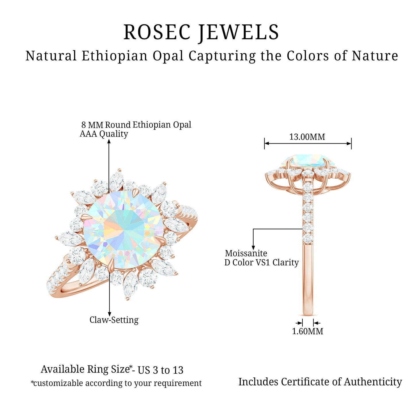 Natural 8mm Ethiopian Opal Halo Engagement Ring with Side Stones
