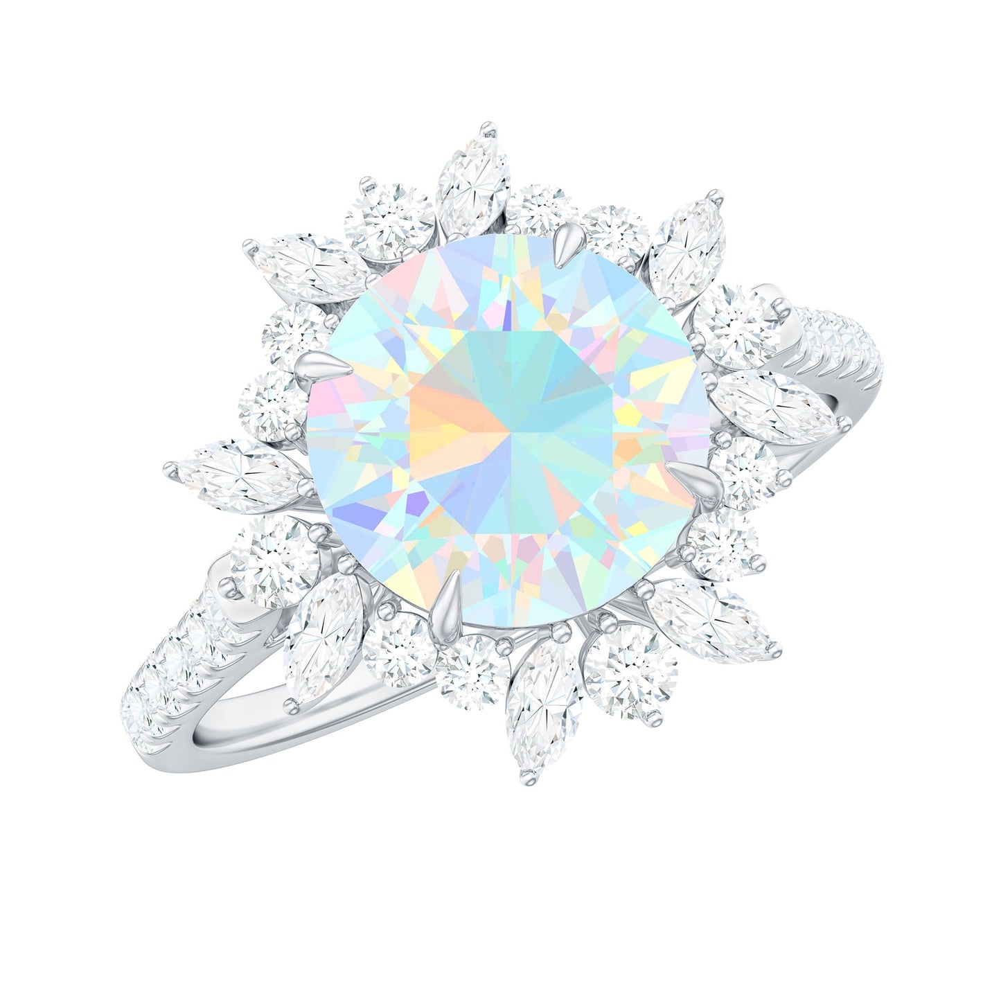 Natural 8mm Ethiopian Opal Halo Engagement Ring with Side Stones