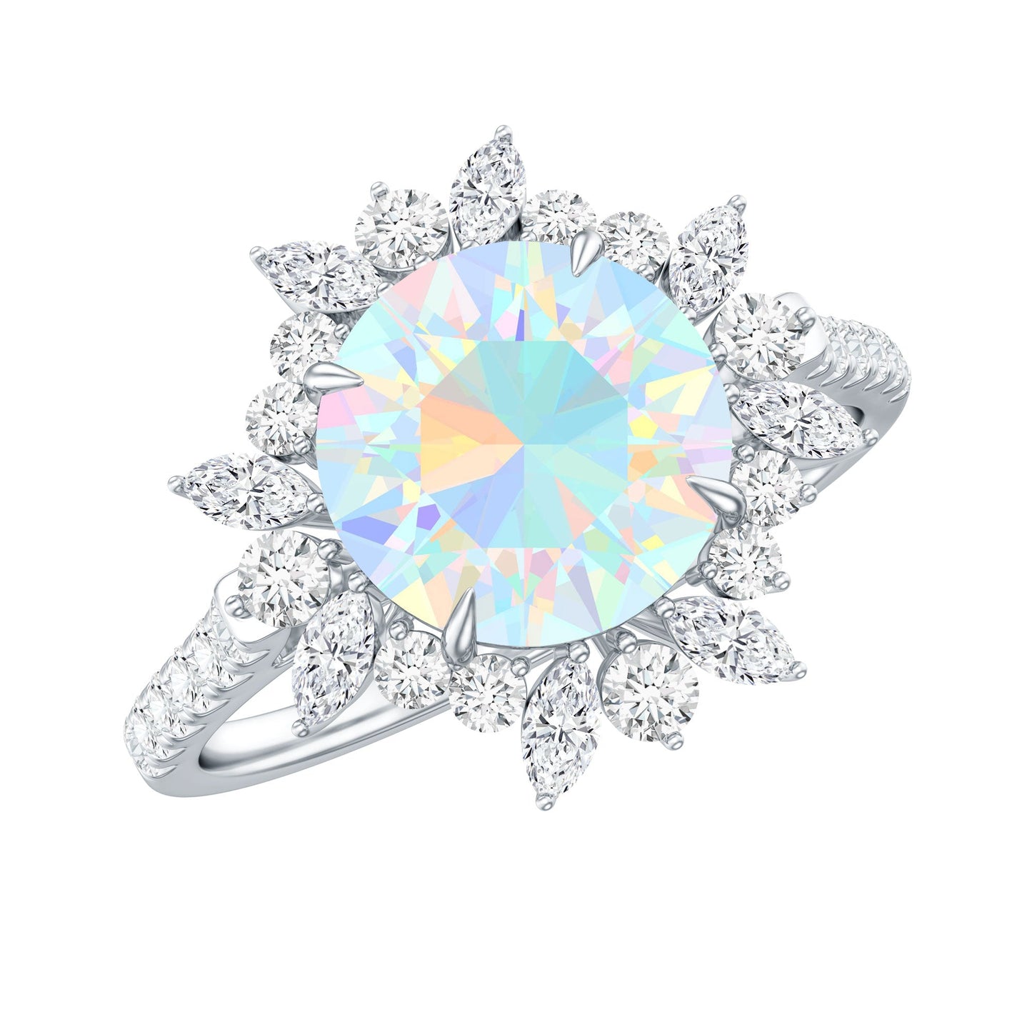 Natural 8mm Ethiopian Opal Halo Engagement Ring with Side Stones