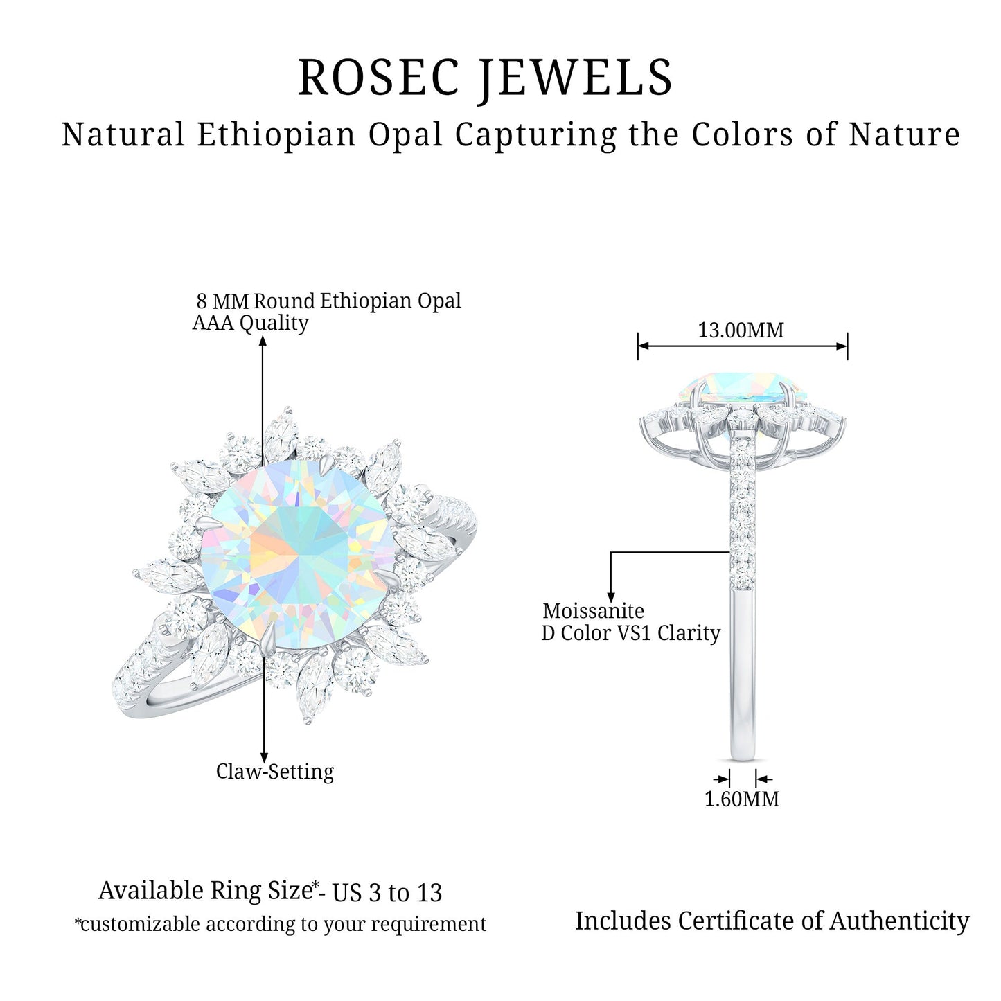 Natural 8mm Ethiopian Opal Halo Engagement Ring with Side Stones