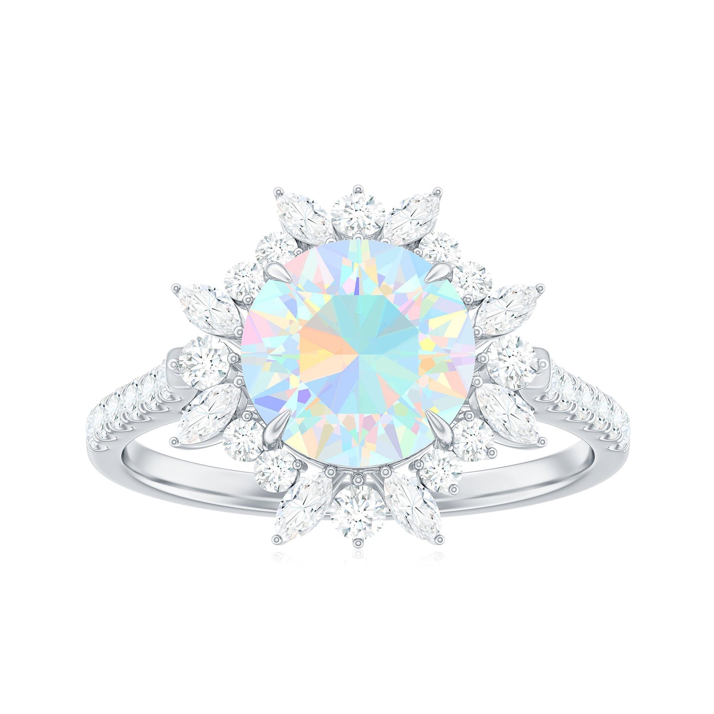 Natural 8mm Ethiopian Opal Halo Engagement Ring with Side Stones