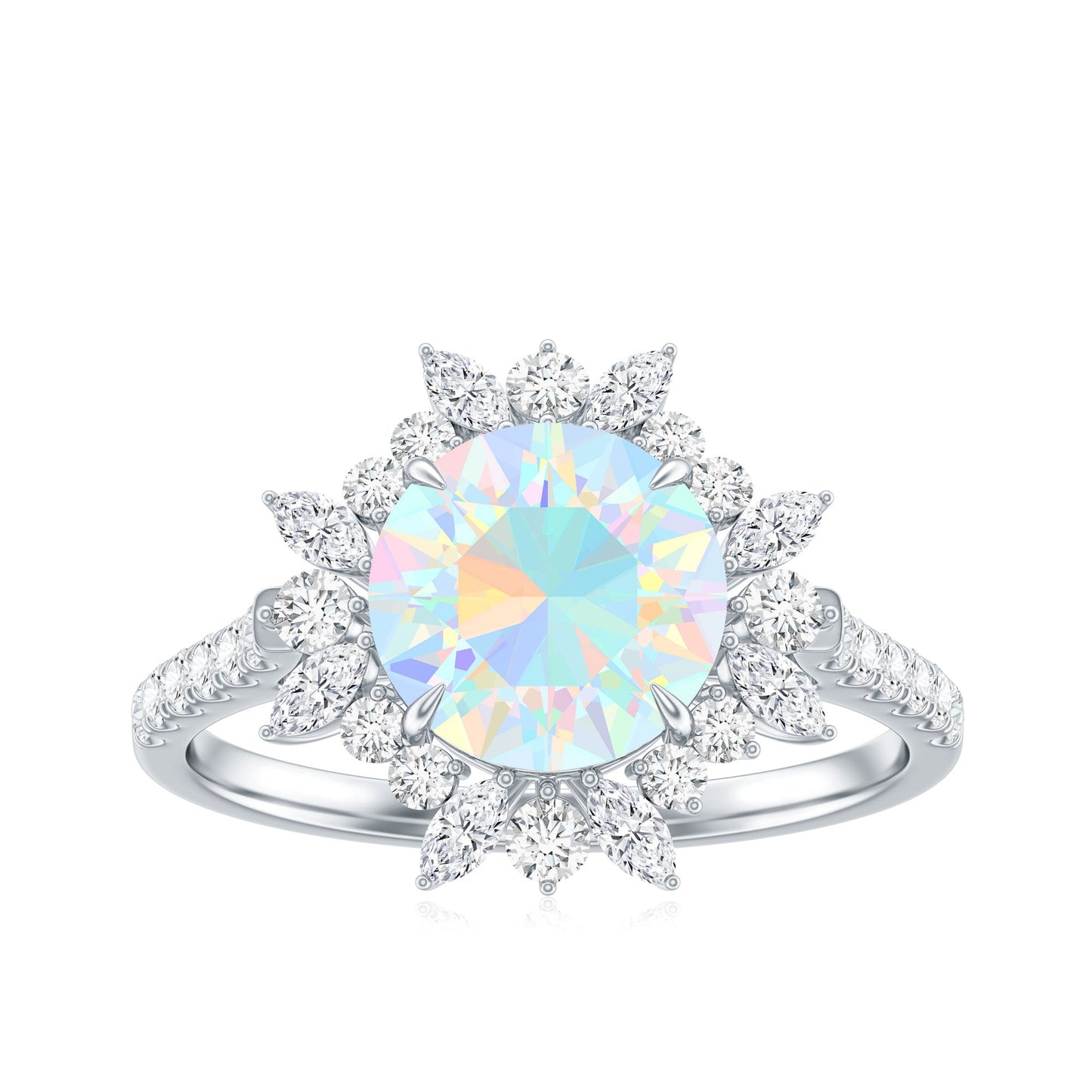 Natural 8mm Ethiopian Opal Halo Engagement Ring with Side Stones