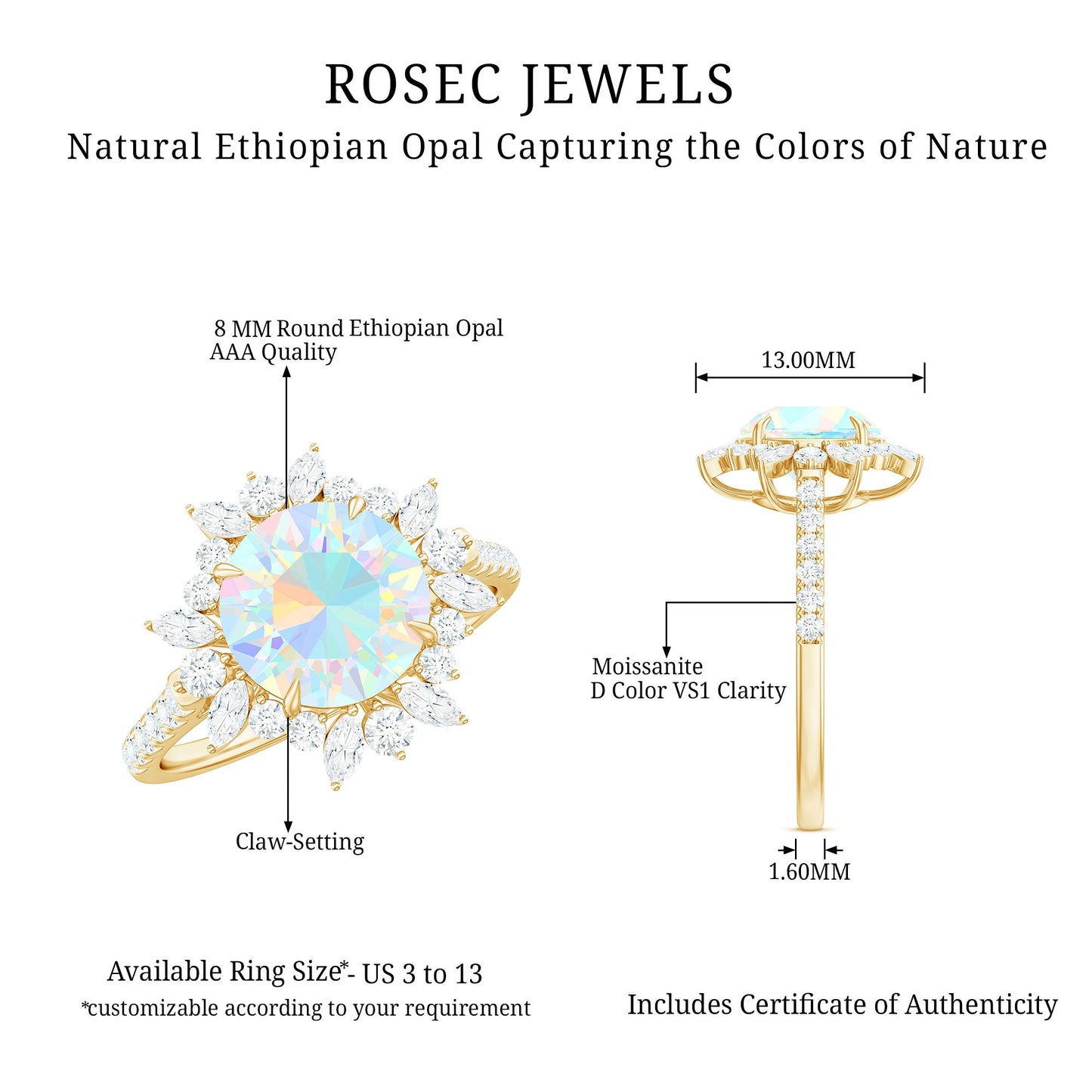 Natural 8mm Ethiopian Opal Halo Engagement Ring with Side Stones