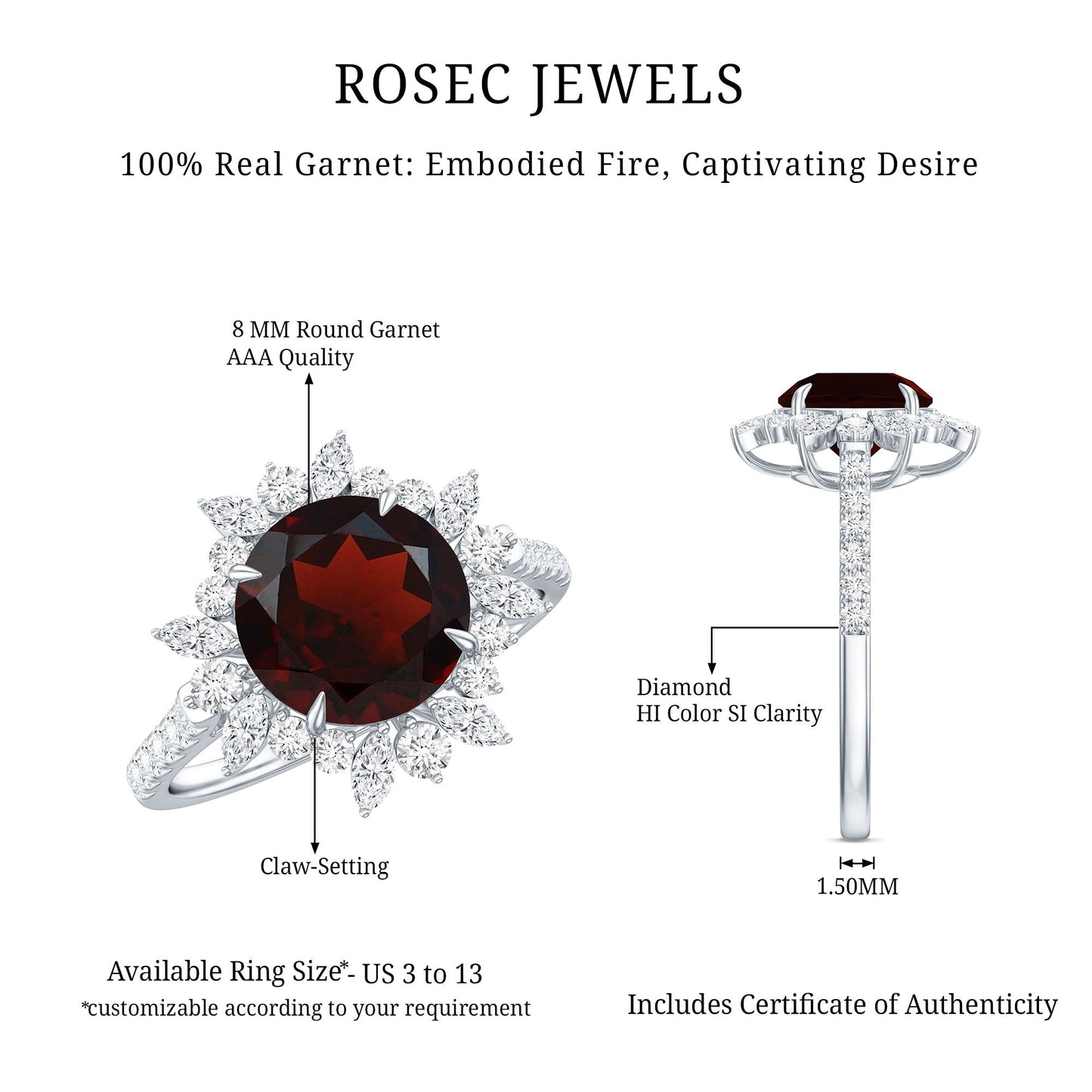 Real 8mm Garnet Statement Engagement Ring with Diamond Halo