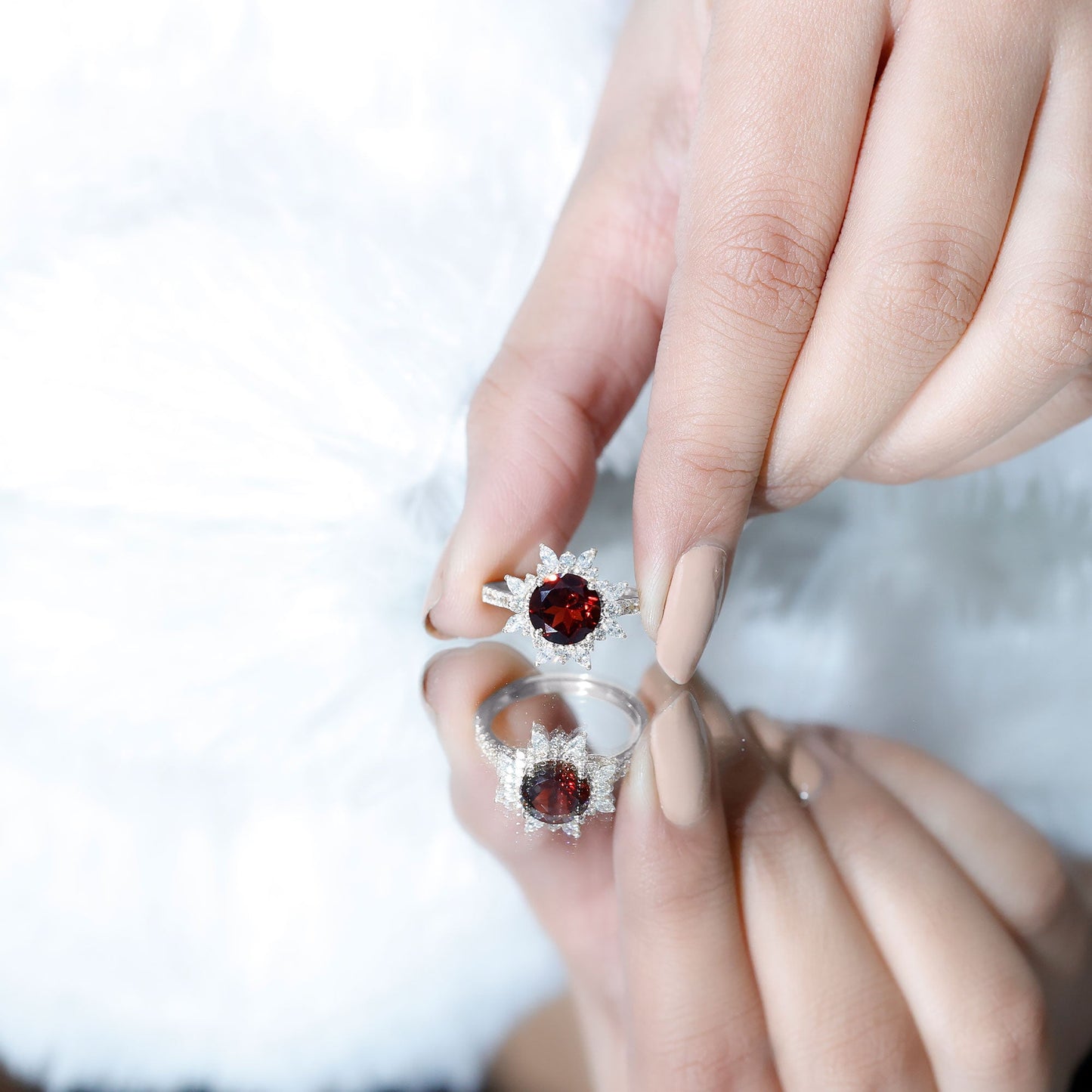 Real 8mm Garnet Statement Engagement Ring with Diamond Halo