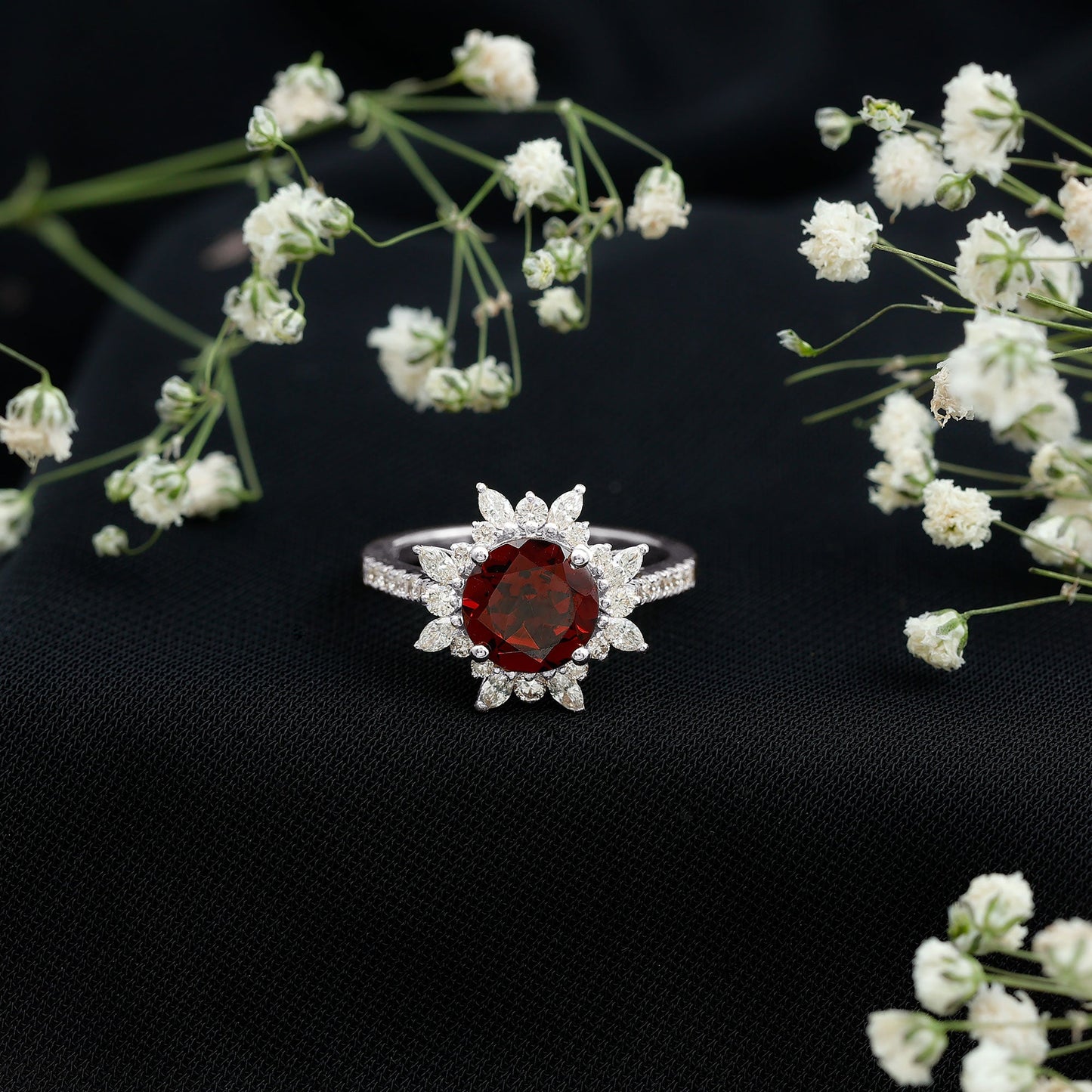 Real 8mm Garnet Statement Engagement Ring with Diamond Halo
