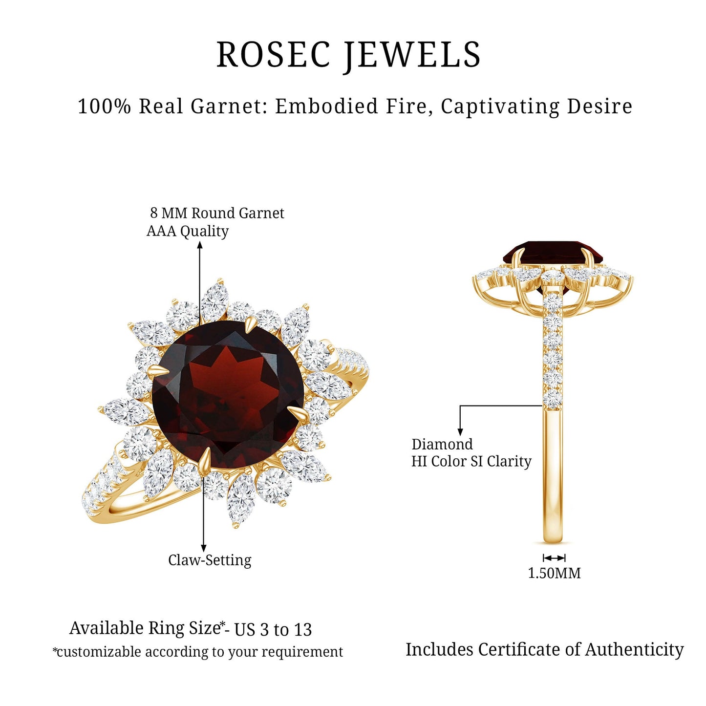 Real 8mm Garnet Statement Engagement Ring with Diamond Halo