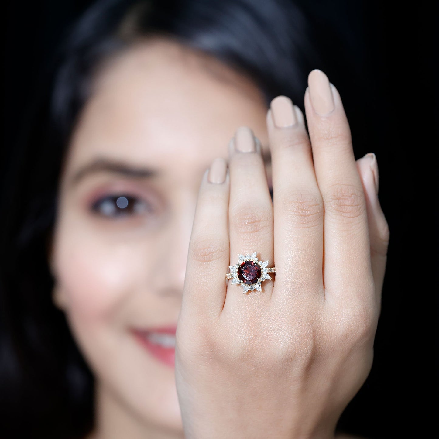 Real 8mm Garnet Statement Engagement Ring with Diamond Halo