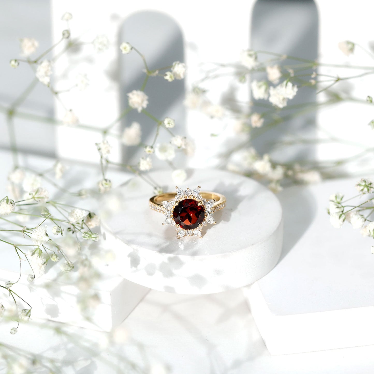 Real 8mm Garnet Statement Engagement Ring with Diamond Halo