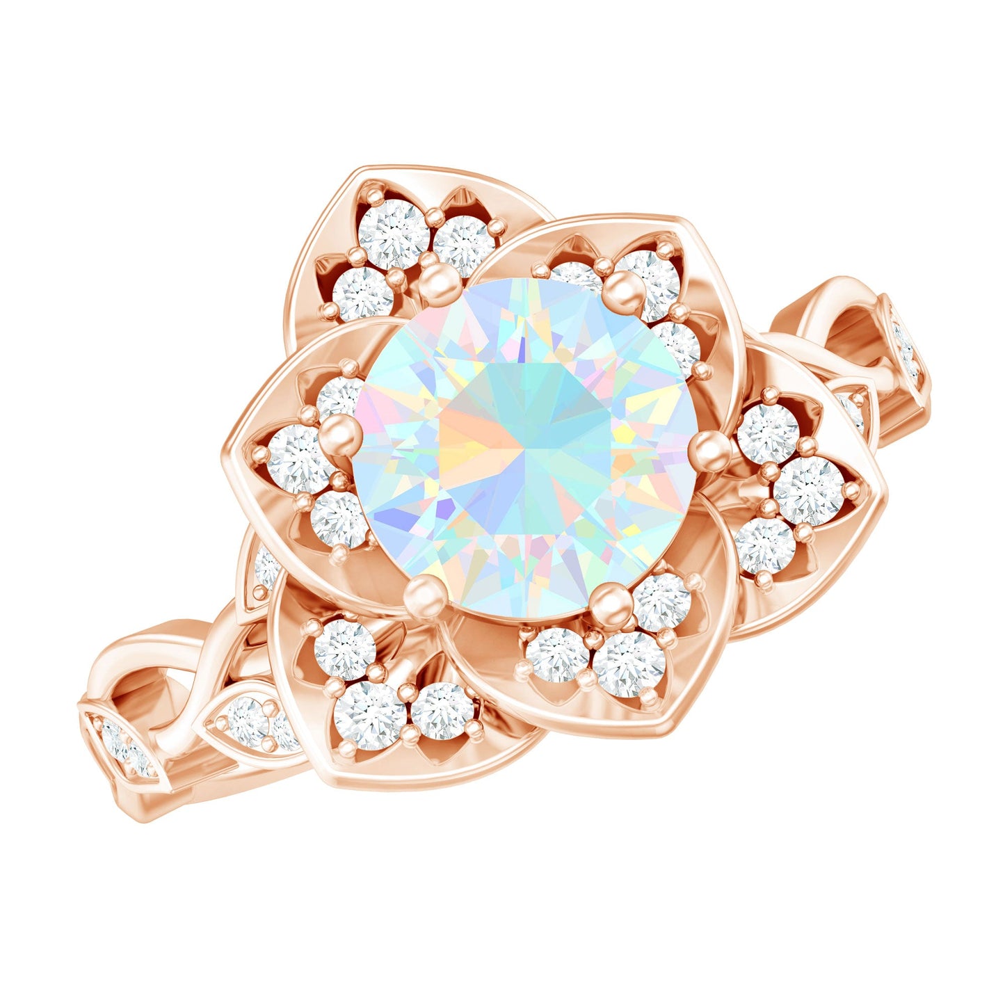 Natural 8mm Ethiopian Opal Flower Engagement Ring with Diamond