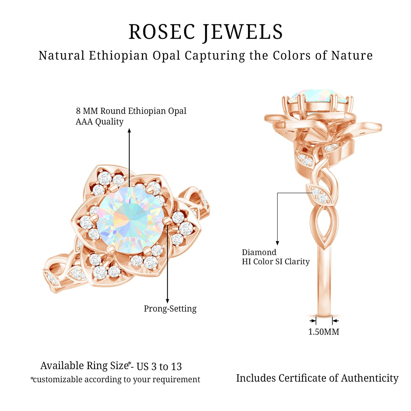 Natural 8mm Ethiopian Opal Flower Engagement Ring with Diamond