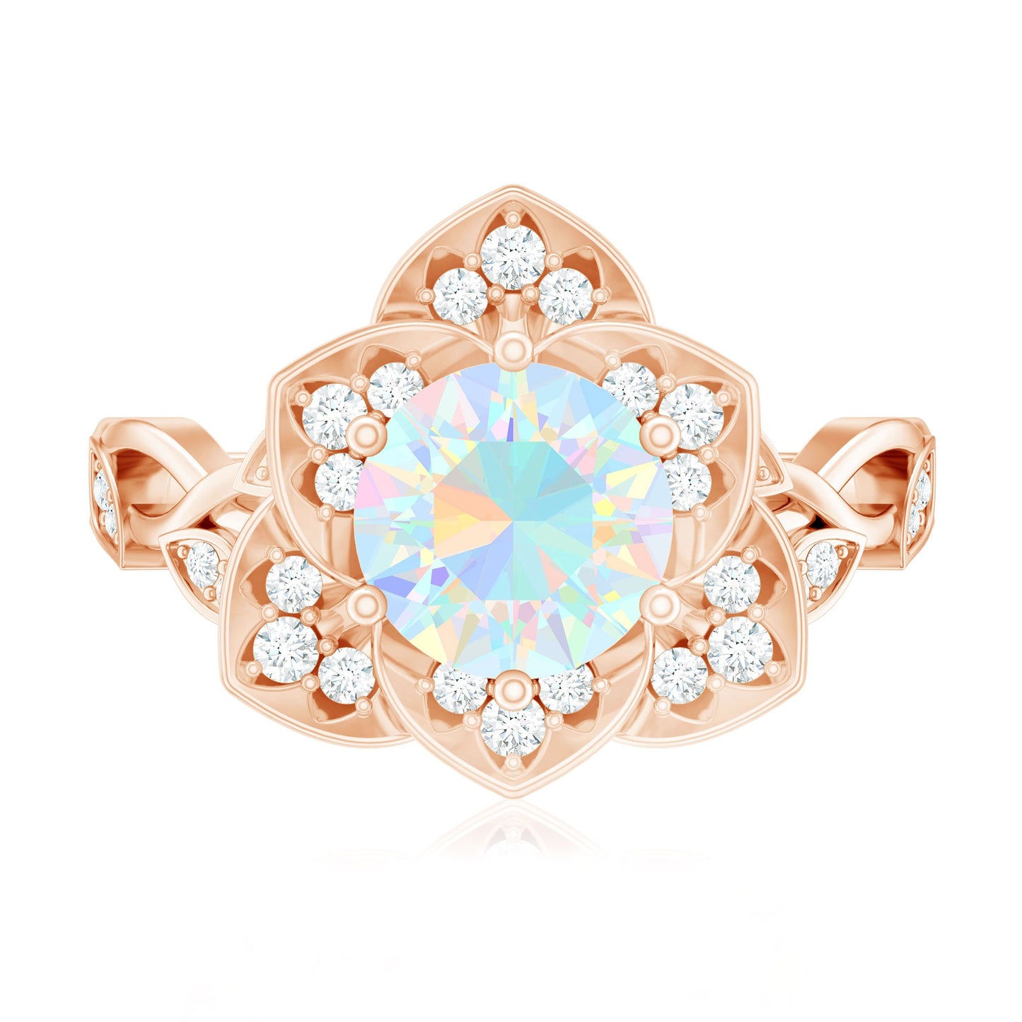 Natural 8mm Ethiopian Opal Flower Engagement Ring with Diamond