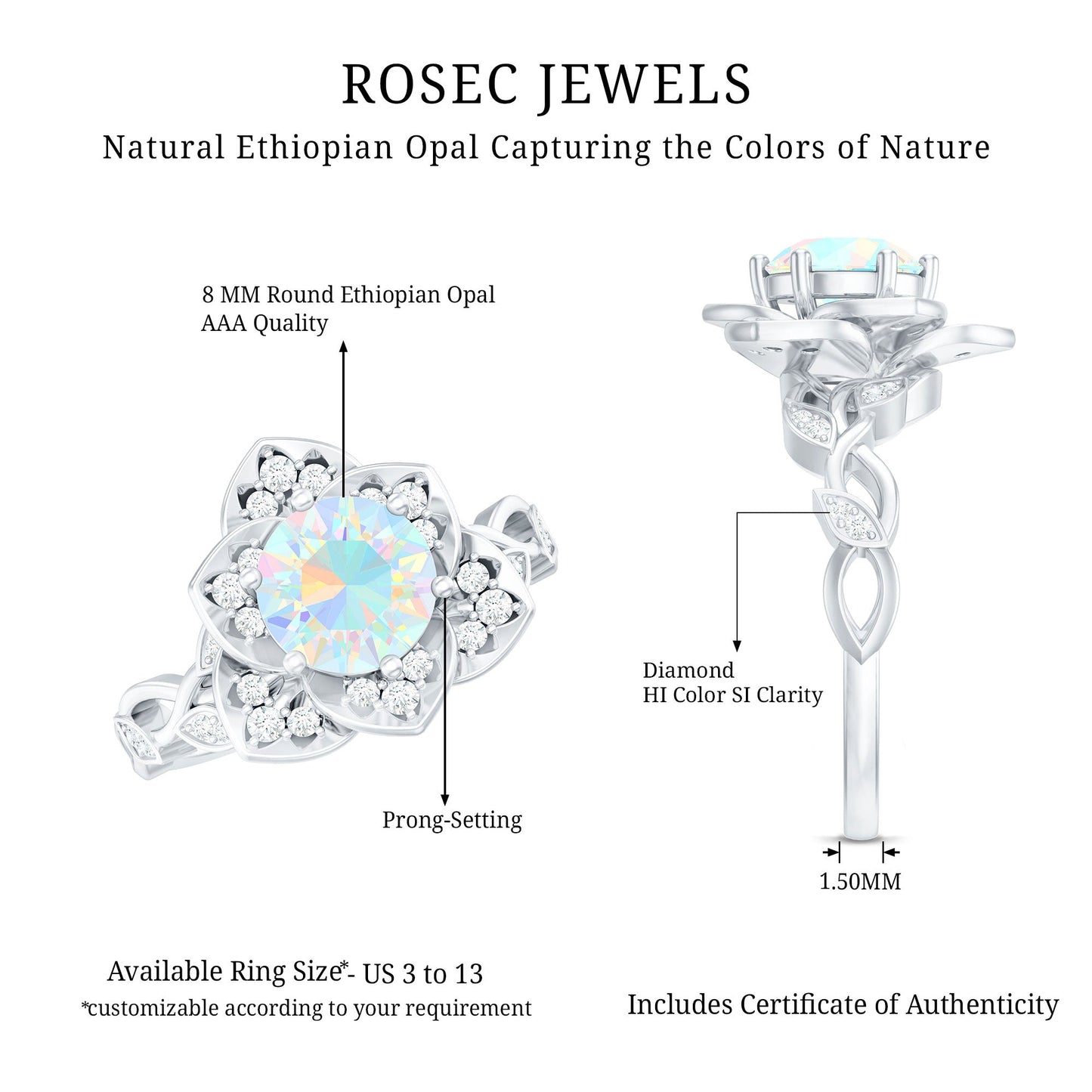 Natural 8mm Ethiopian Opal Flower Engagement Ring with Diamond