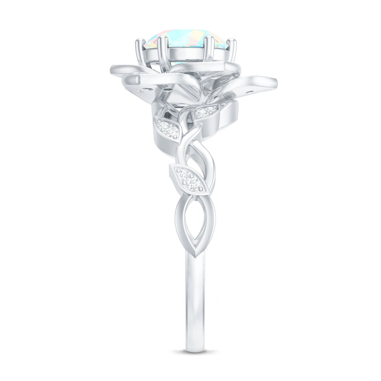 Natural 8mm Ethiopian Opal Flower Engagement Ring with Diamond