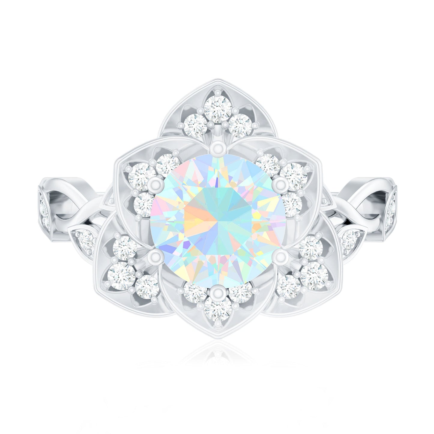 Natural 8mm Ethiopian Opal Flower Engagement Ring with Diamond