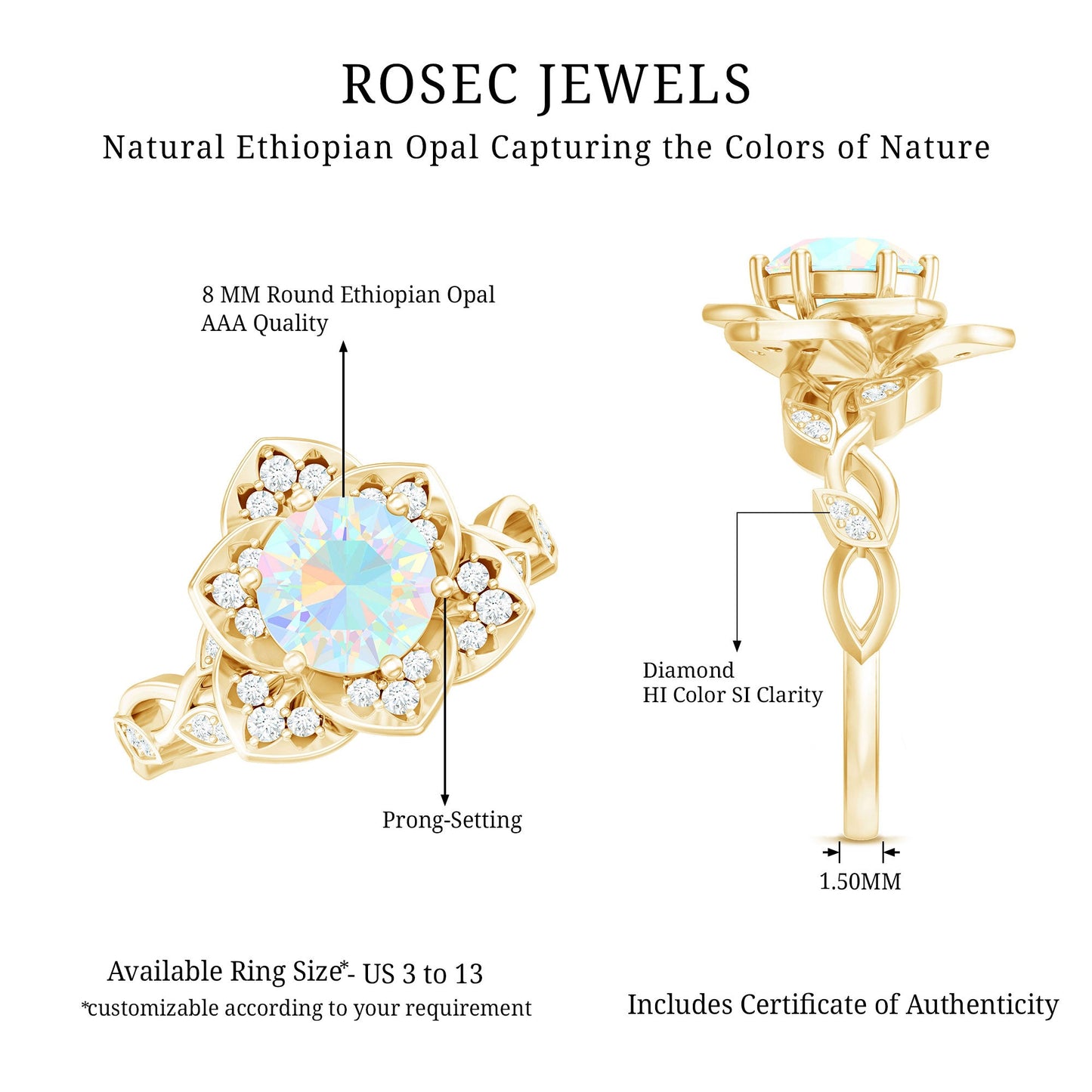 Natural 8mm Ethiopian Opal Flower Engagement Ring with Diamond