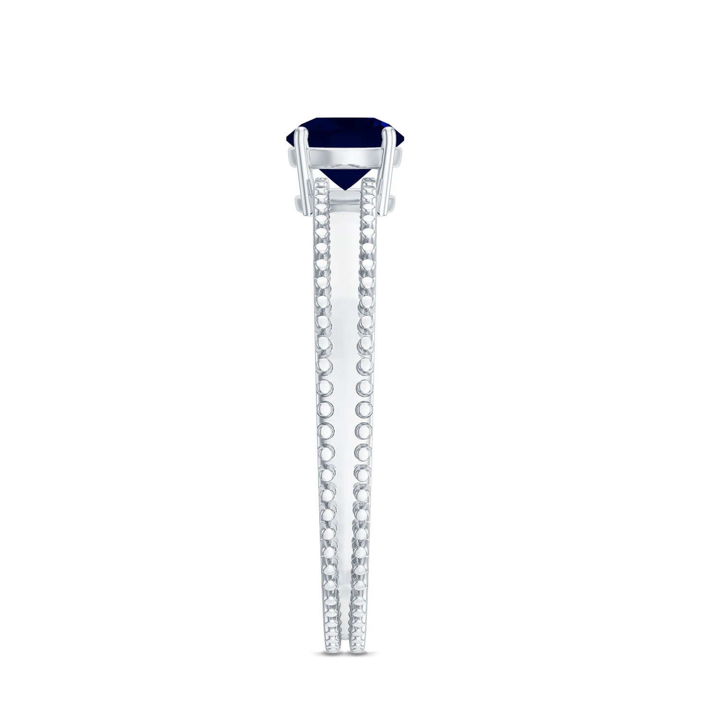 5 MM Solitaire Blue Sapphire Band Ring with Beaded Embellishment