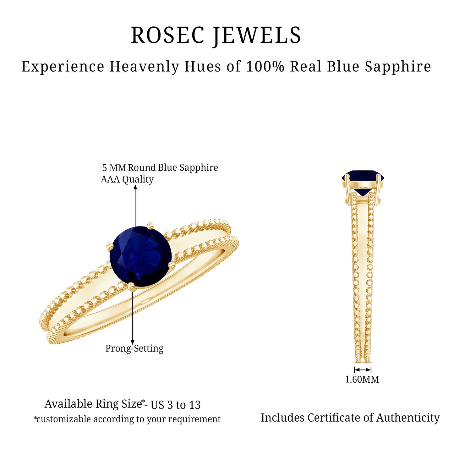 5 MM Solitaire Blue Sapphire Band Ring with Beaded Embellishment