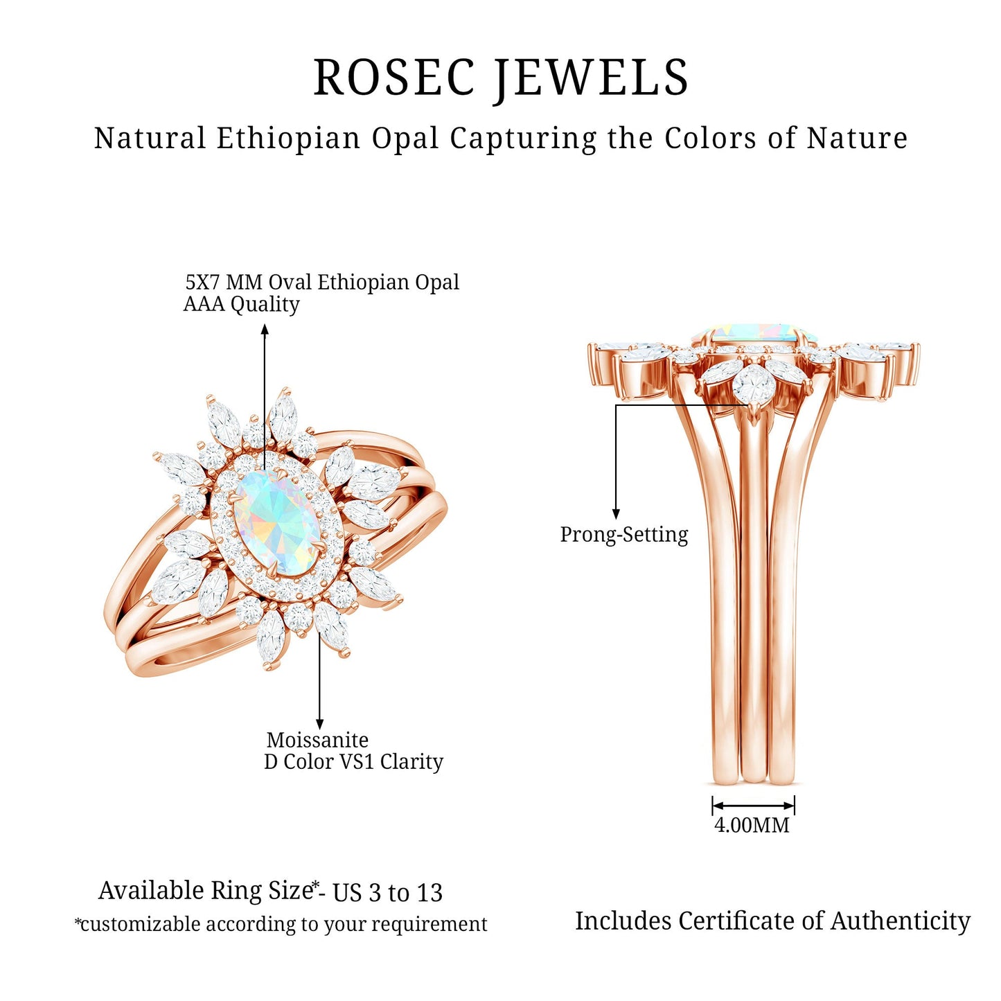 Natural Certified Ethiopian Opal Engagement Ring Set of 3
