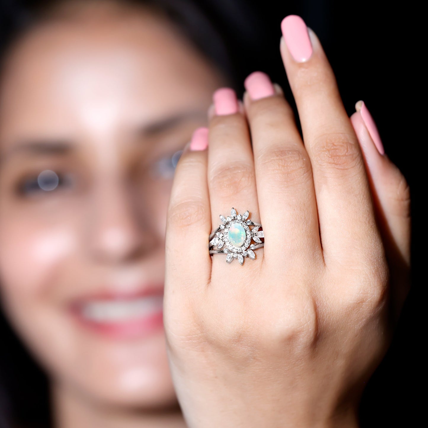 Natural Certified Ethiopian Opal Engagement Ring Set of 3