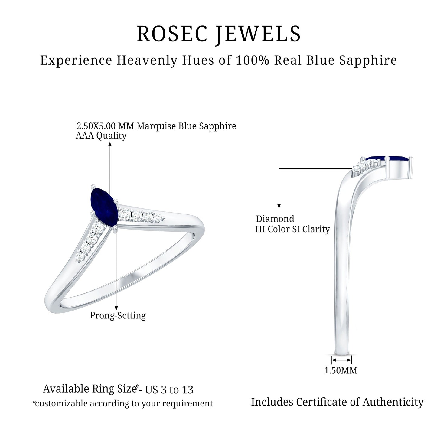 Marquise Cut Blue Sapphire and Diamond V Shape Enhancer Ring