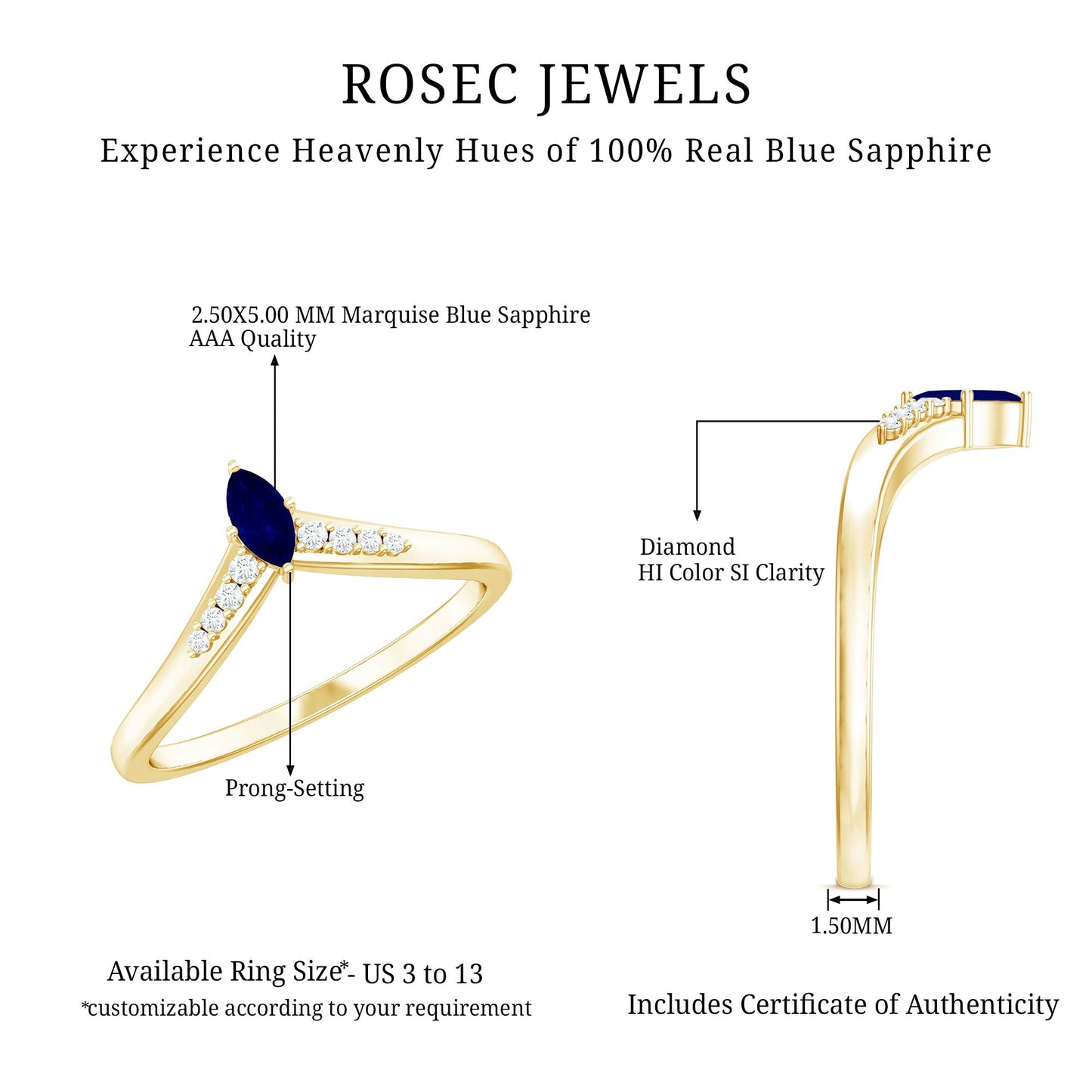 Marquise Cut Blue Sapphire and Diamond V Shape Enhancer Ring