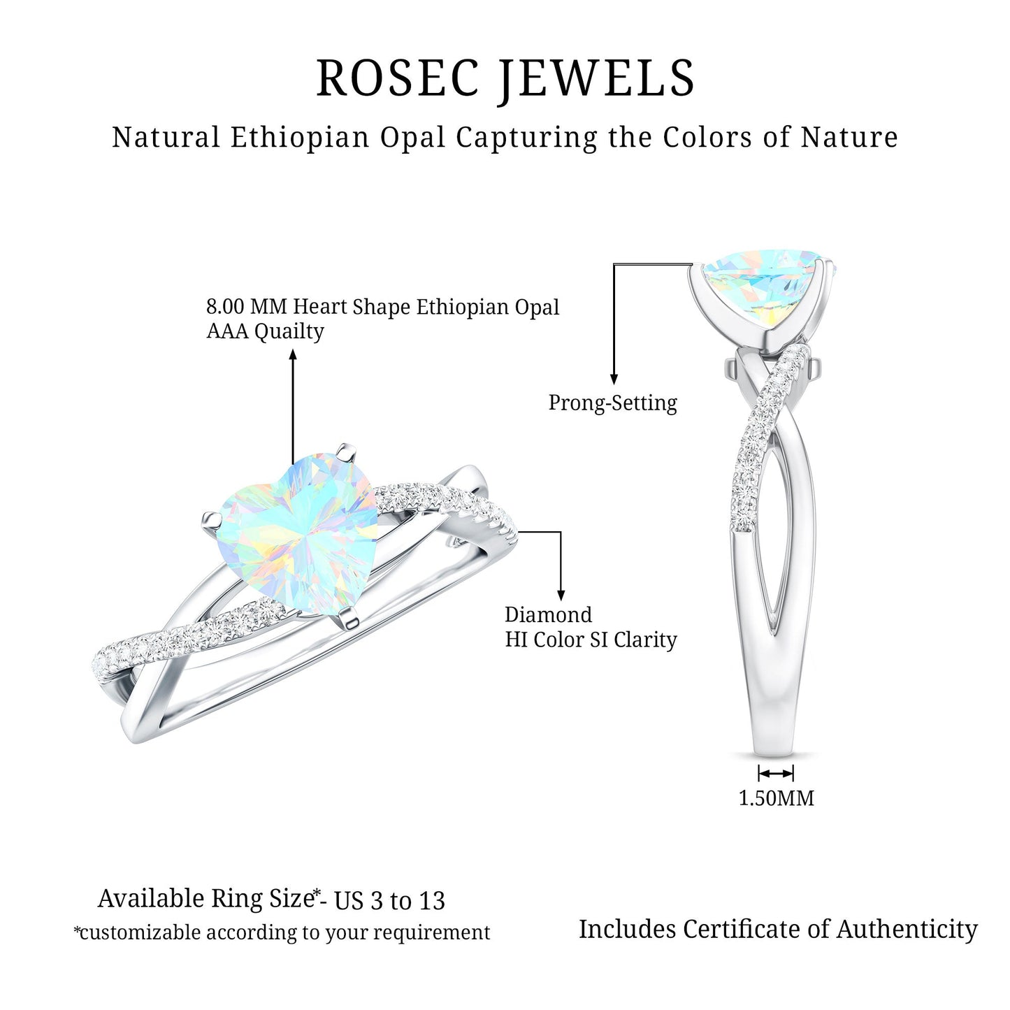 Natural 8mm Ethiopian Opal Heart Shaped Engagement Ring With Certificate