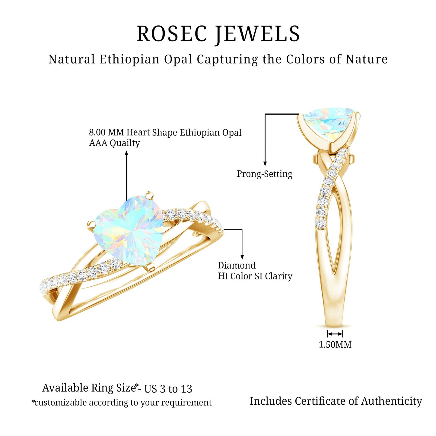 Natural 8mm Ethiopian Opal Heart Shaped Engagement Ring With Certificate