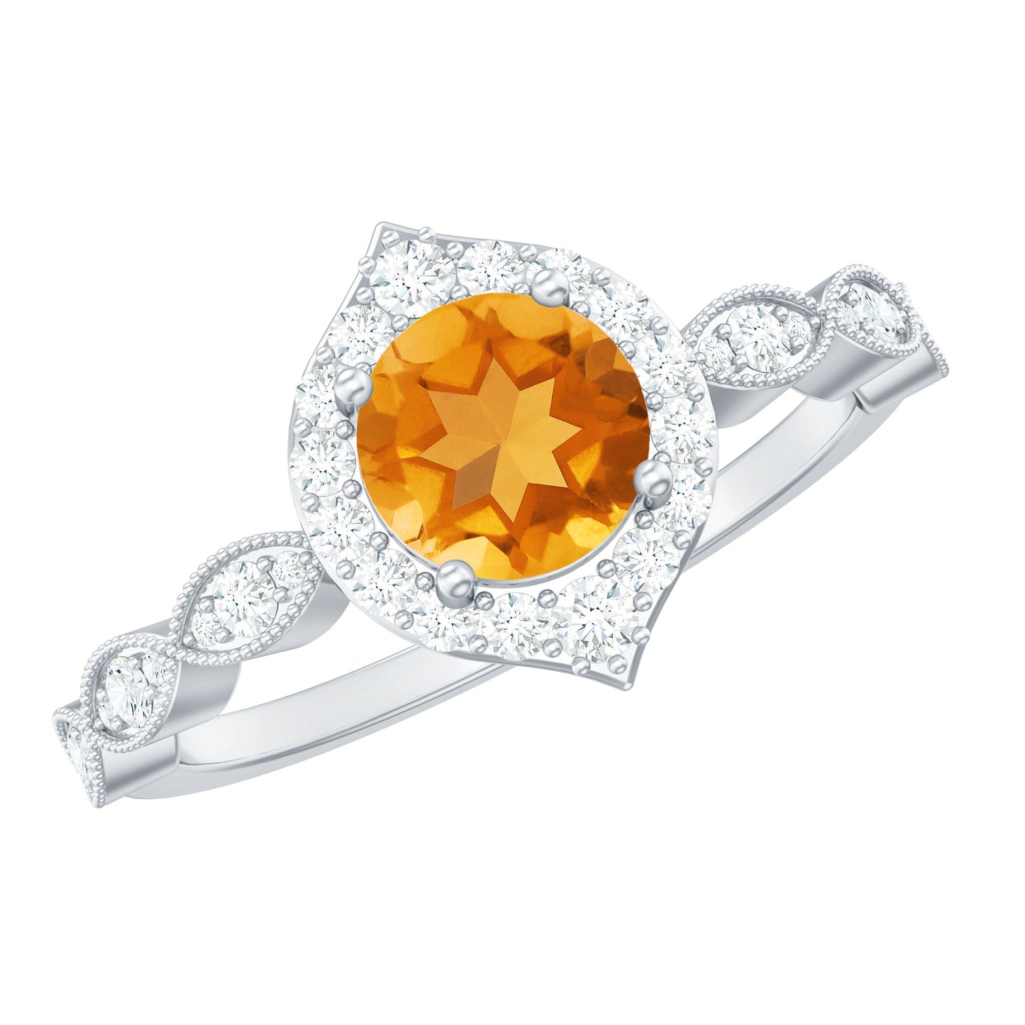 Vintage Inspired 7mm Citrine Engagement Ring with Diamond Halo