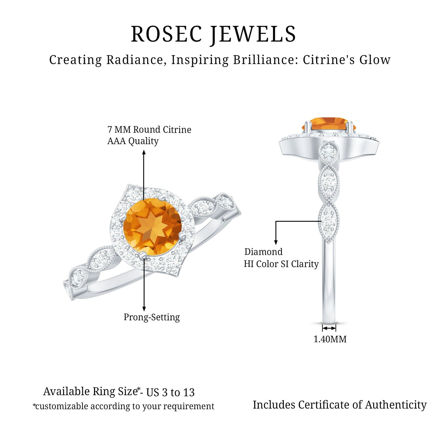 Vintage Inspired 7mm Citrine Engagement Ring with Diamond Halo