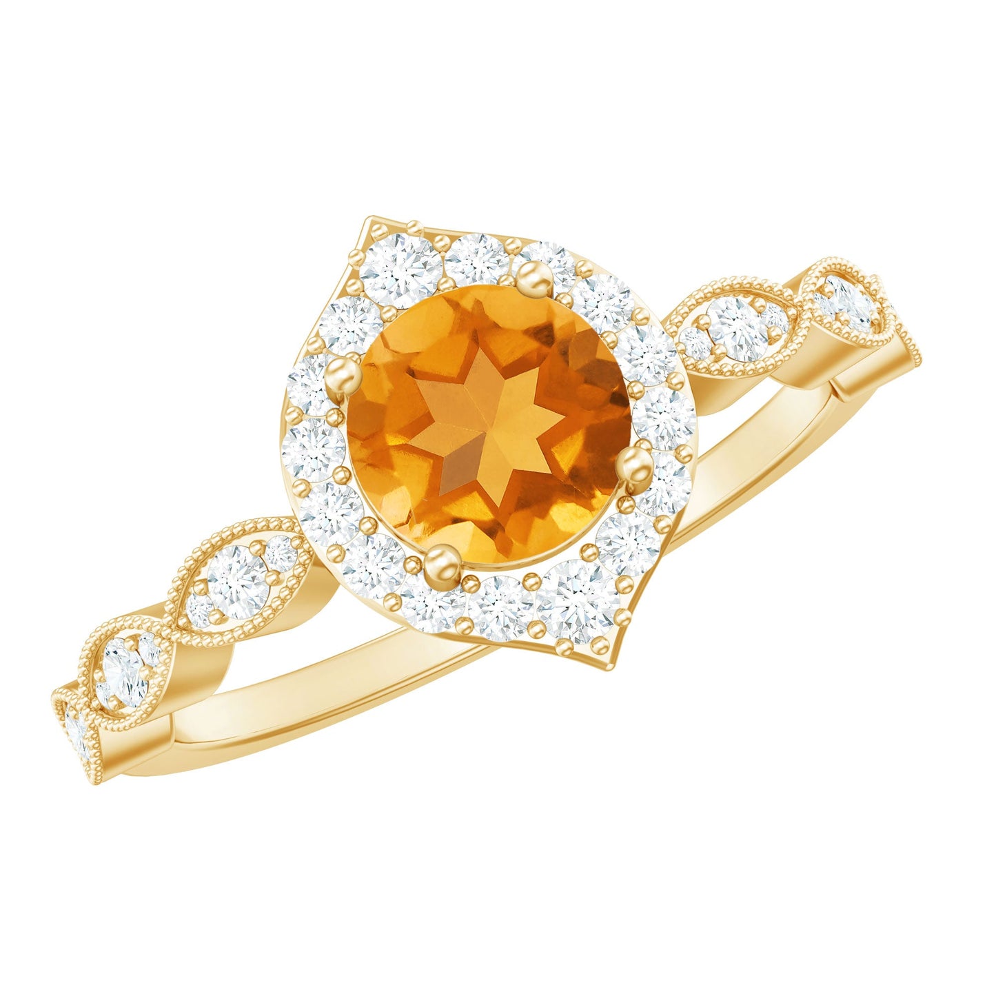 Vintage Inspired 7mm Citrine Engagement Ring with Diamond Halo