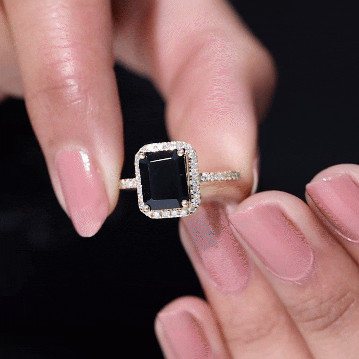 Emerald Cut 7X9MM Black Onyx and Diamond Engagement Ring