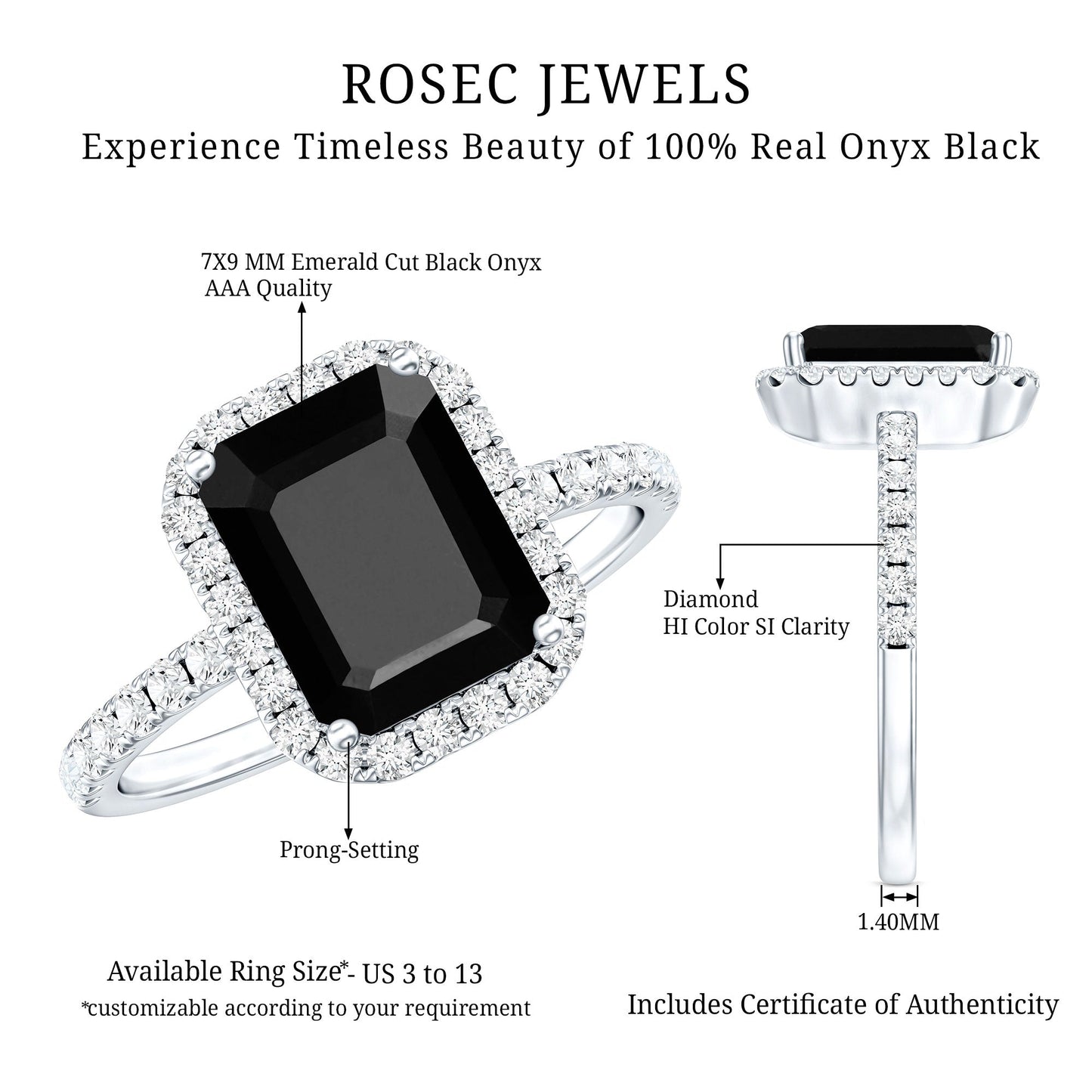 Emerald Cut 7X9MM Black Onyx and Diamond Engagement Ring