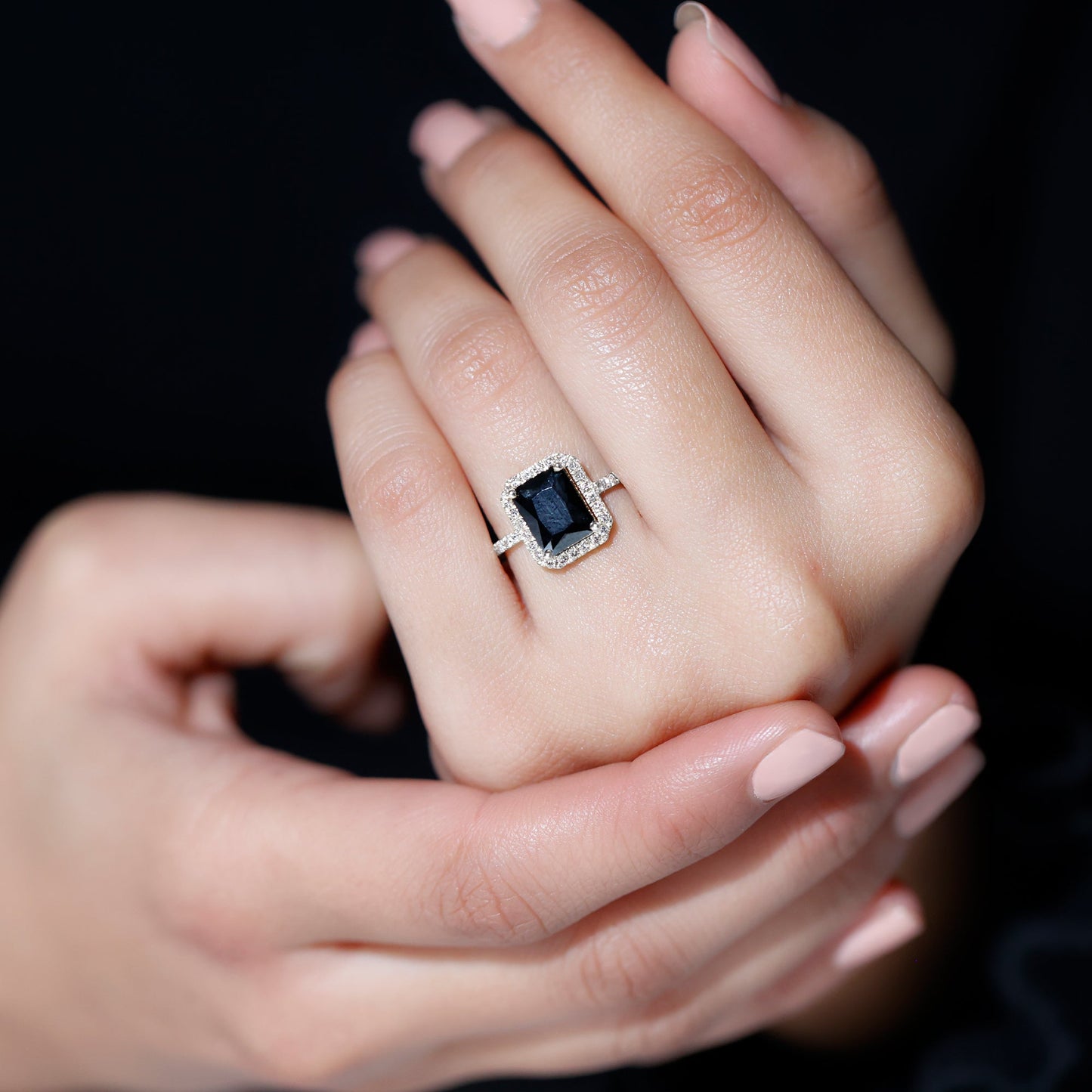 Emerald Cut 7X9MM Black Onyx and Diamond Engagement Ring