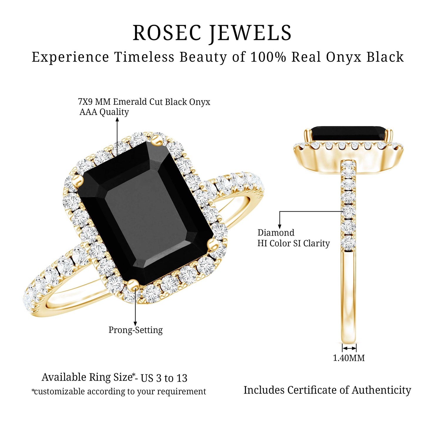 Emerald Cut 7X9MM Black Onyx and Diamond Engagement Ring
