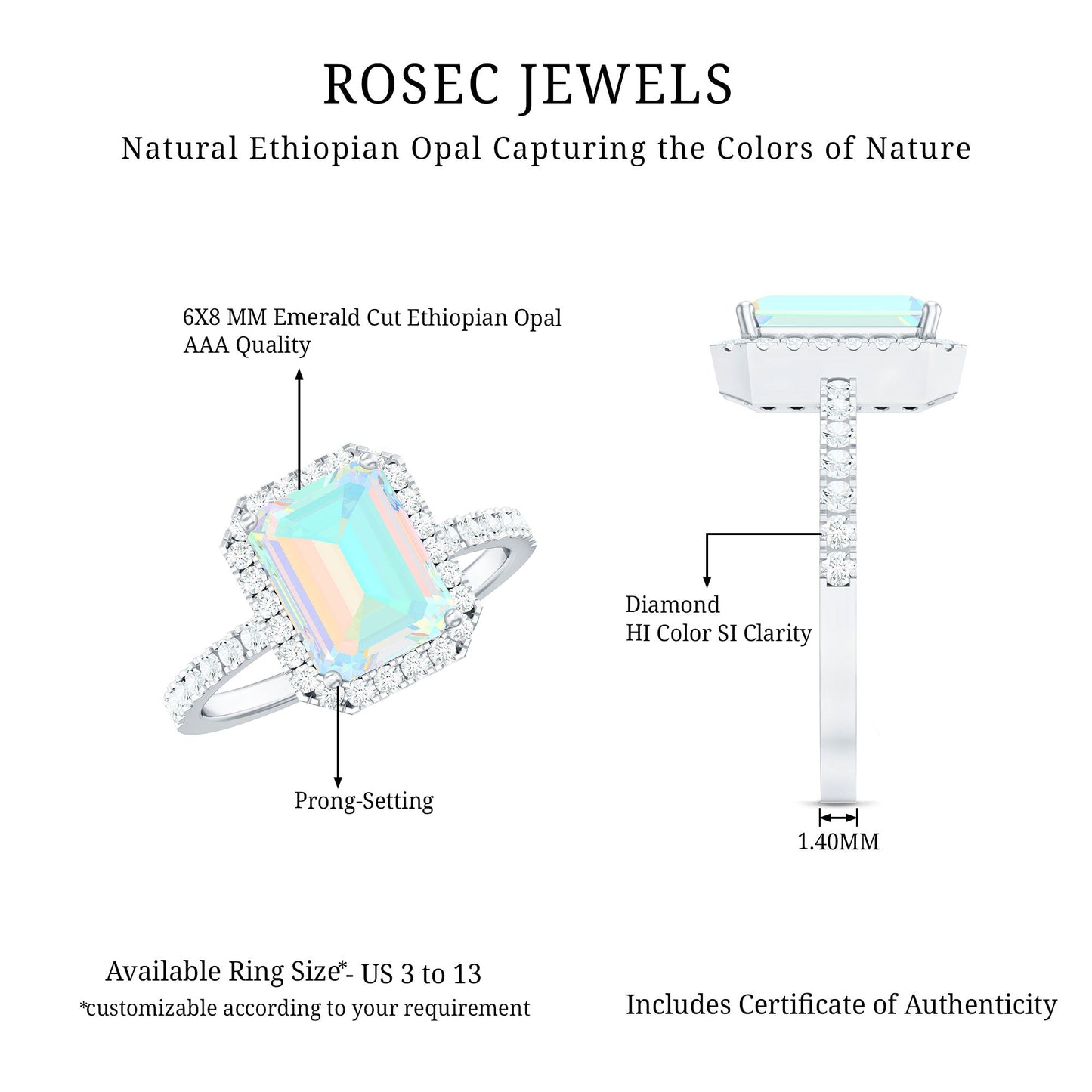 Genuine 6X8mm Ethiopian Opal Emerald Cut Engagement Ring with Diamond Halo