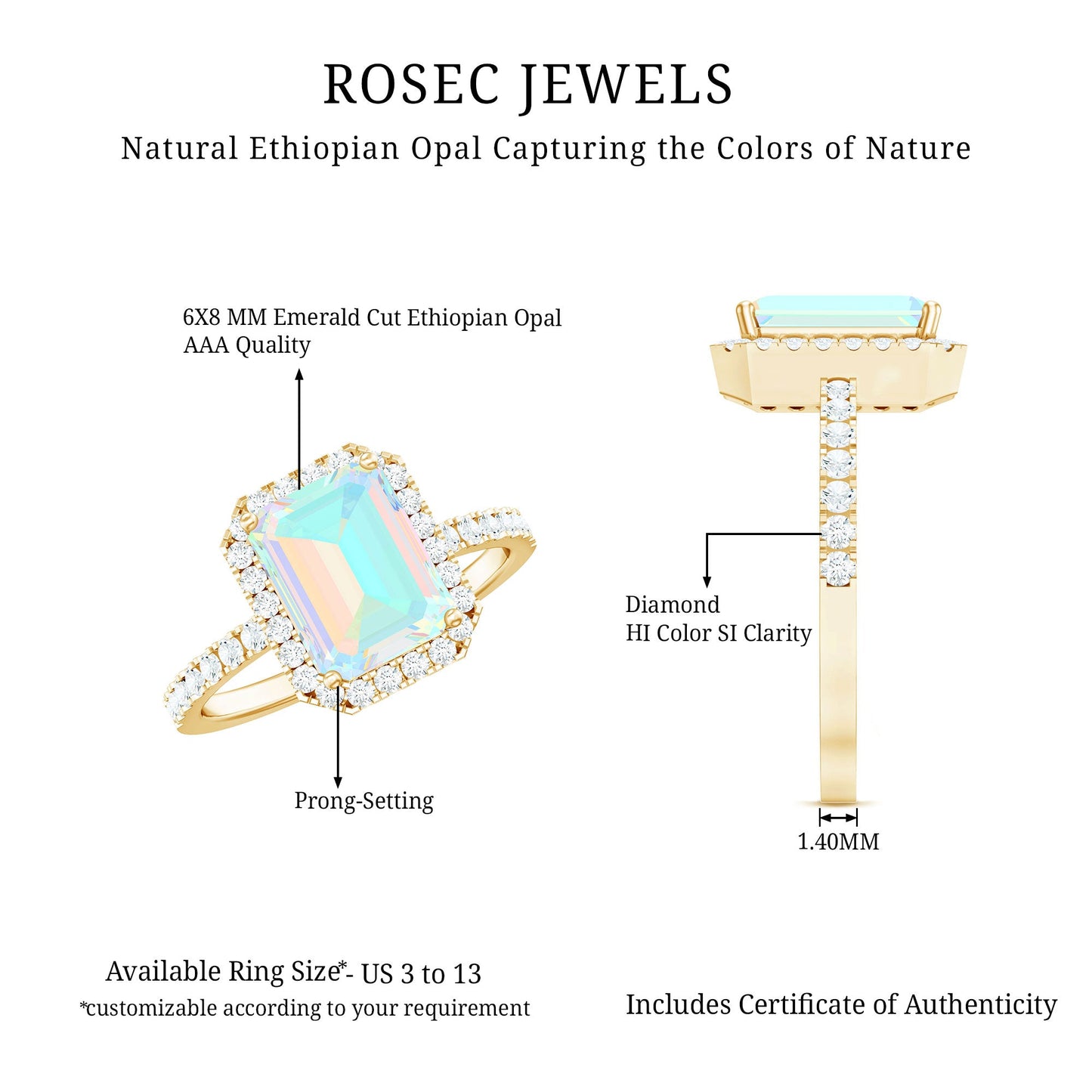 Genuine 6X8mm Ethiopian Opal Emerald Cut Engagement Ring with Diamond Halo