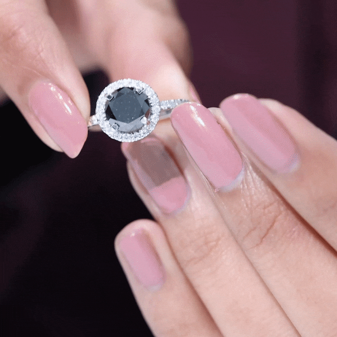 8mm Round Shape Black Onyx Engagement Ring with Diamond Halo