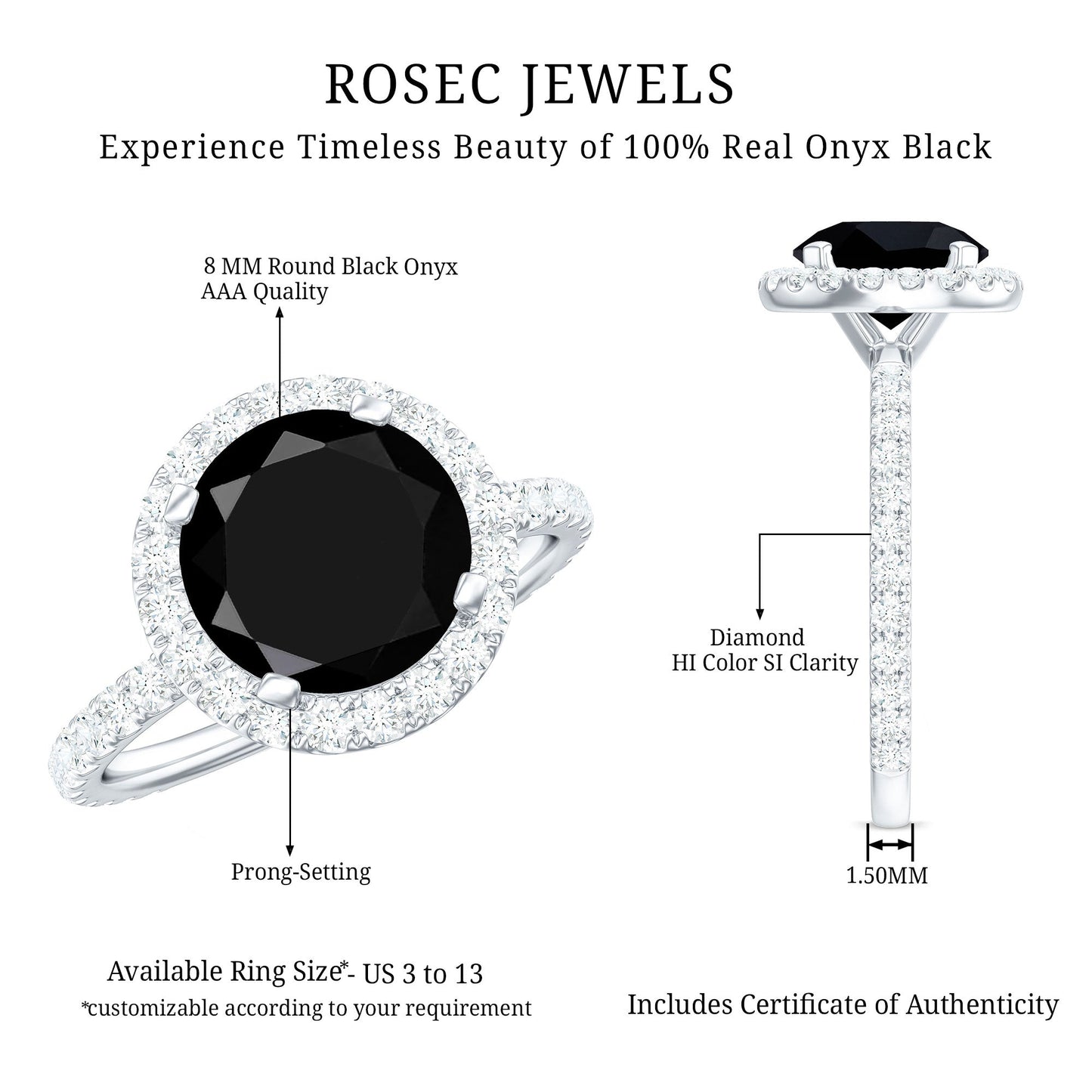 8mm Round Shape Black Onyx Engagement Ring with Diamond Halo