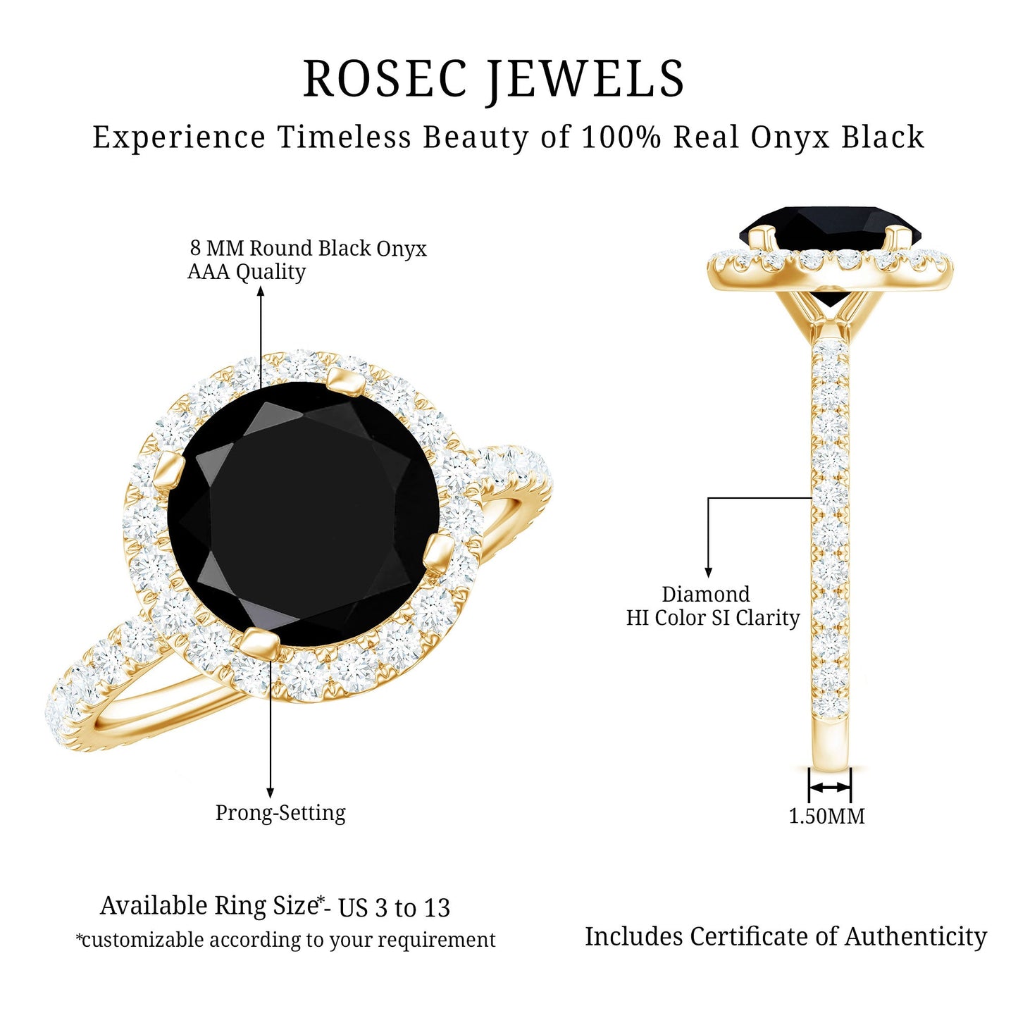 8mm Round Shape Black Onyx Engagement Ring with Diamond Halo