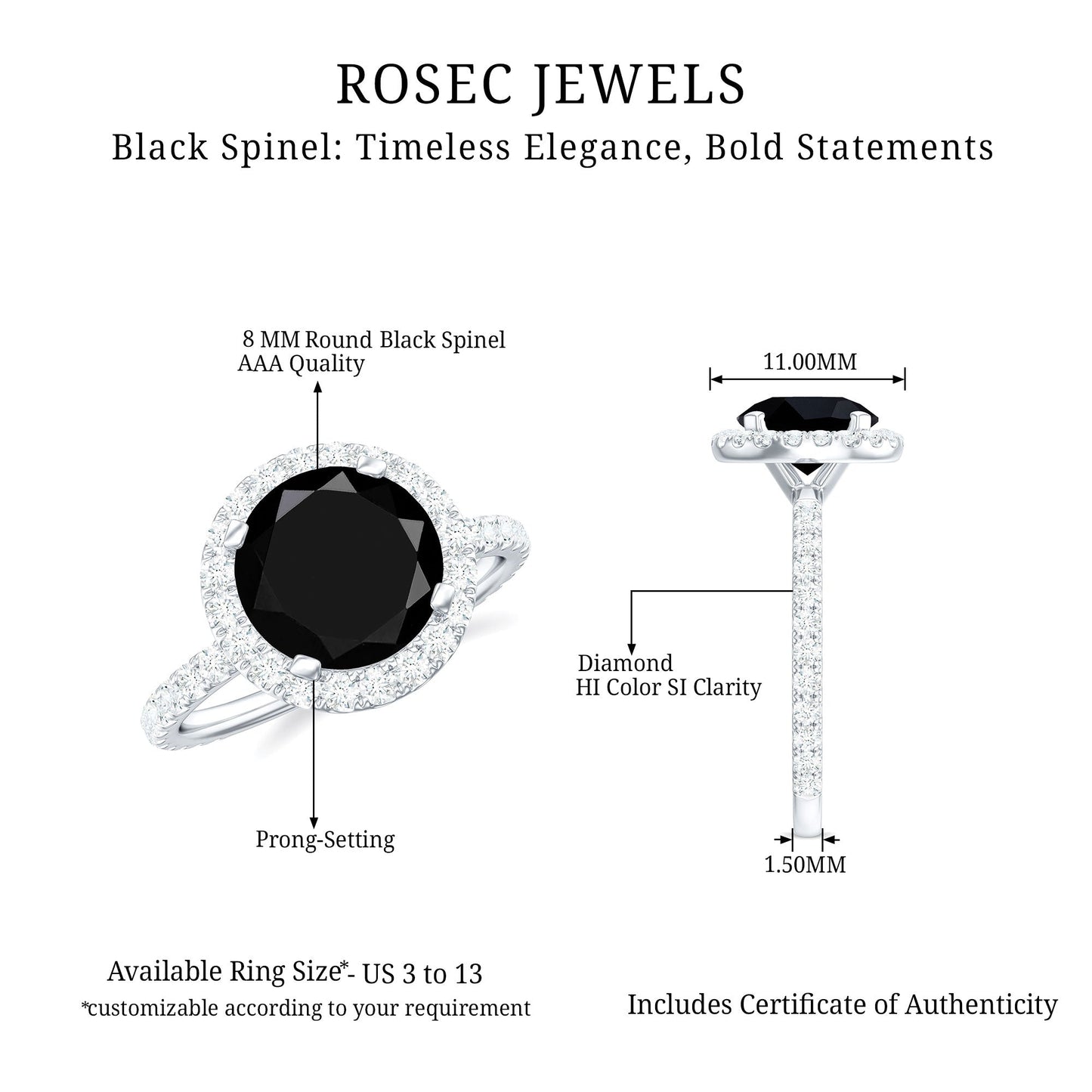 Natural Black Spinel Engagement Ring with Diamond Halo