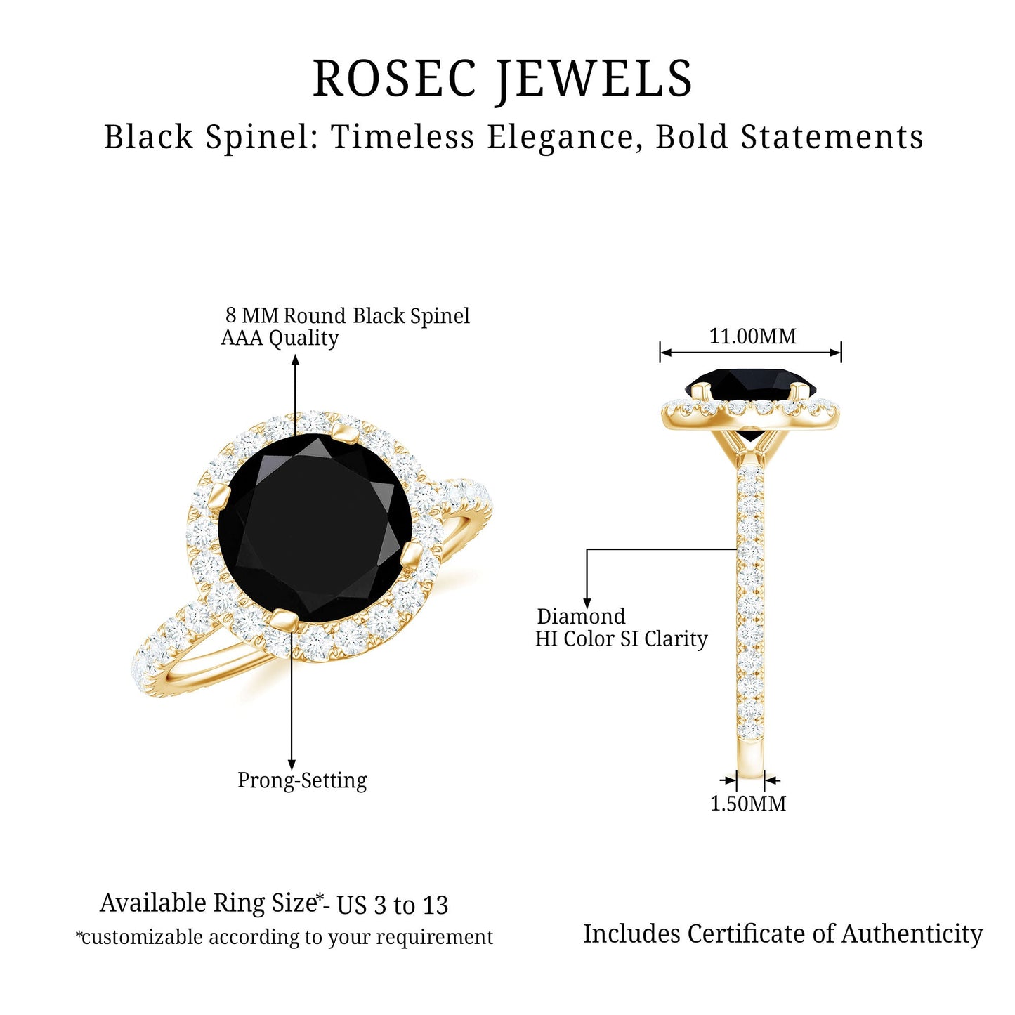 Natural Black Spinel Engagement Ring with Diamond Halo